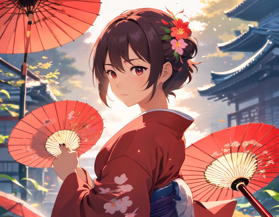 (Best quality,high resolucion),1 boys,tenant un katana dans ses mains,Porter un kimono rouge et noir,Detailed facial features,cheveux longs,expression tendue,Traditional samurai style,Katana blade shining in sunlight,fond subtil avec des fleurs de cerisier tombant,moody lighting,mise au point nette,Traditional Japanese art style,Couleurs vives
