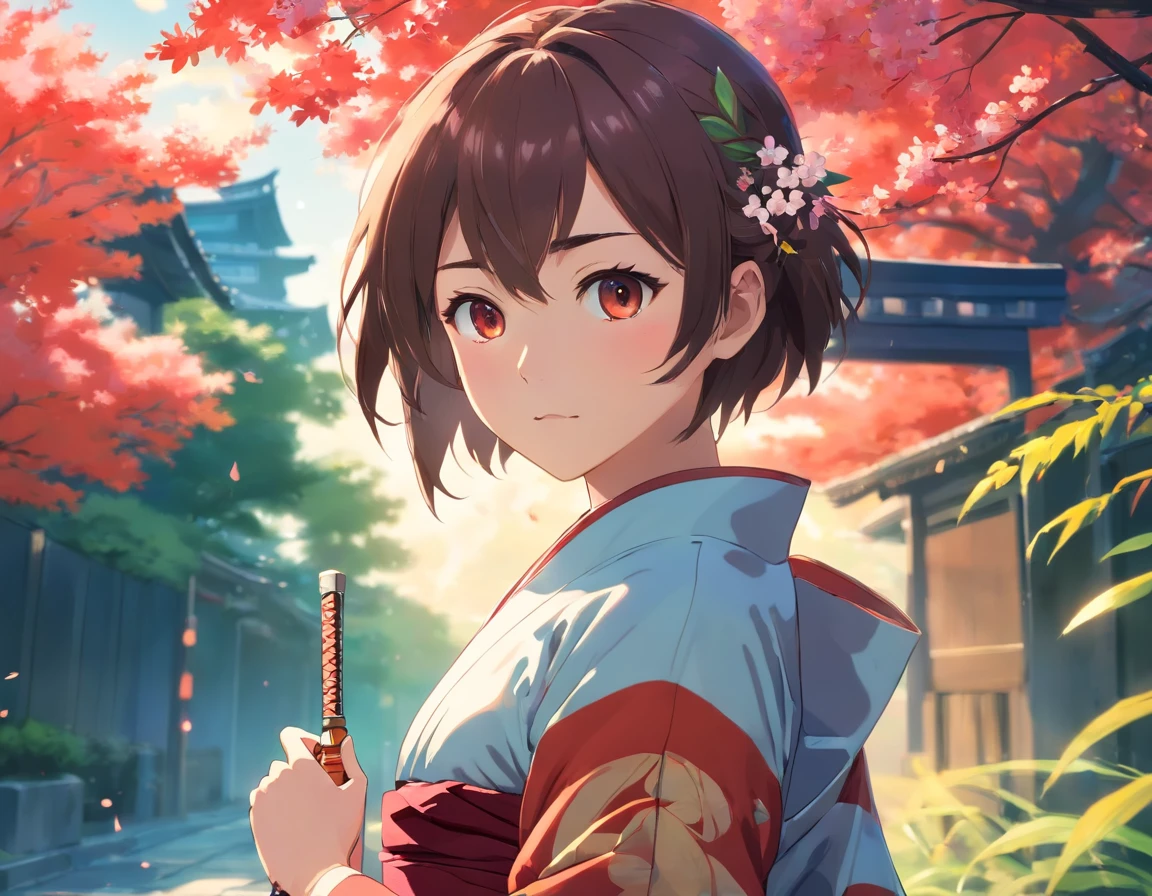 (Best quality,high resolucion),1 boys,tenant un katana dans ses mains,Porter un kimono rouge et noir,Detailed facial features,cheveux longs,expression tendue,Traditional samurai style,Katana blade shining in sunlight,fond subtil avec des fleurs de cerisier tombant,moody lighting,mise au point nette,Traditional Japanese art style,Couleurs vives
