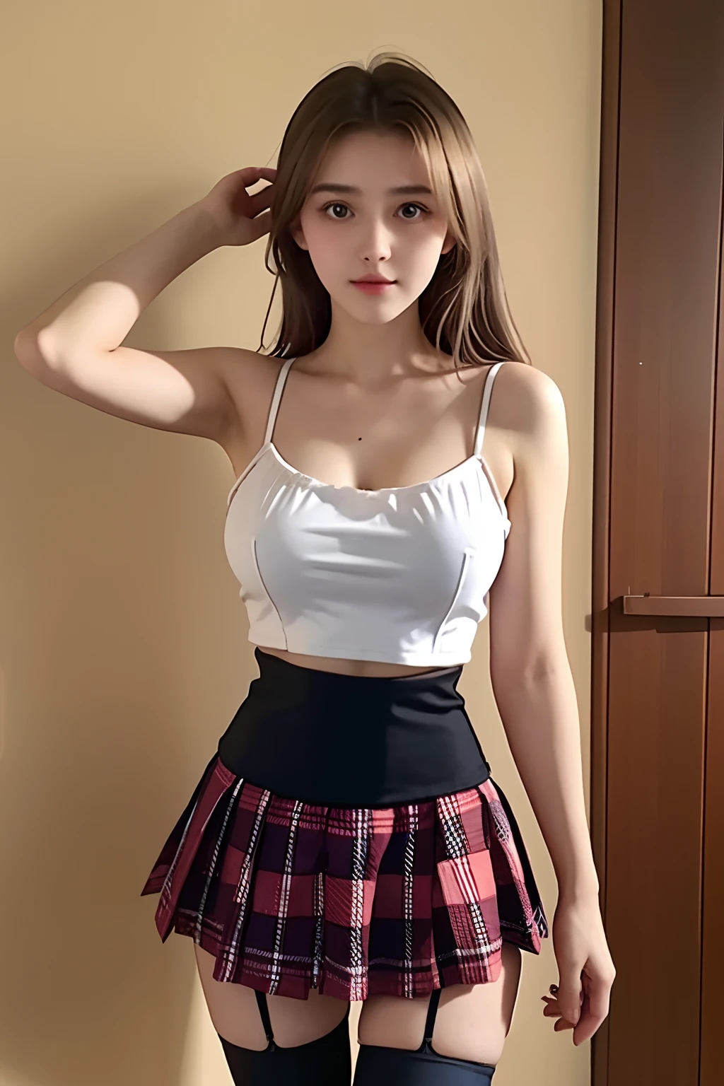 a beautiful 17yo Ukraina woman, spaghetti strap top, High waist short plaid skirt , thighhighs