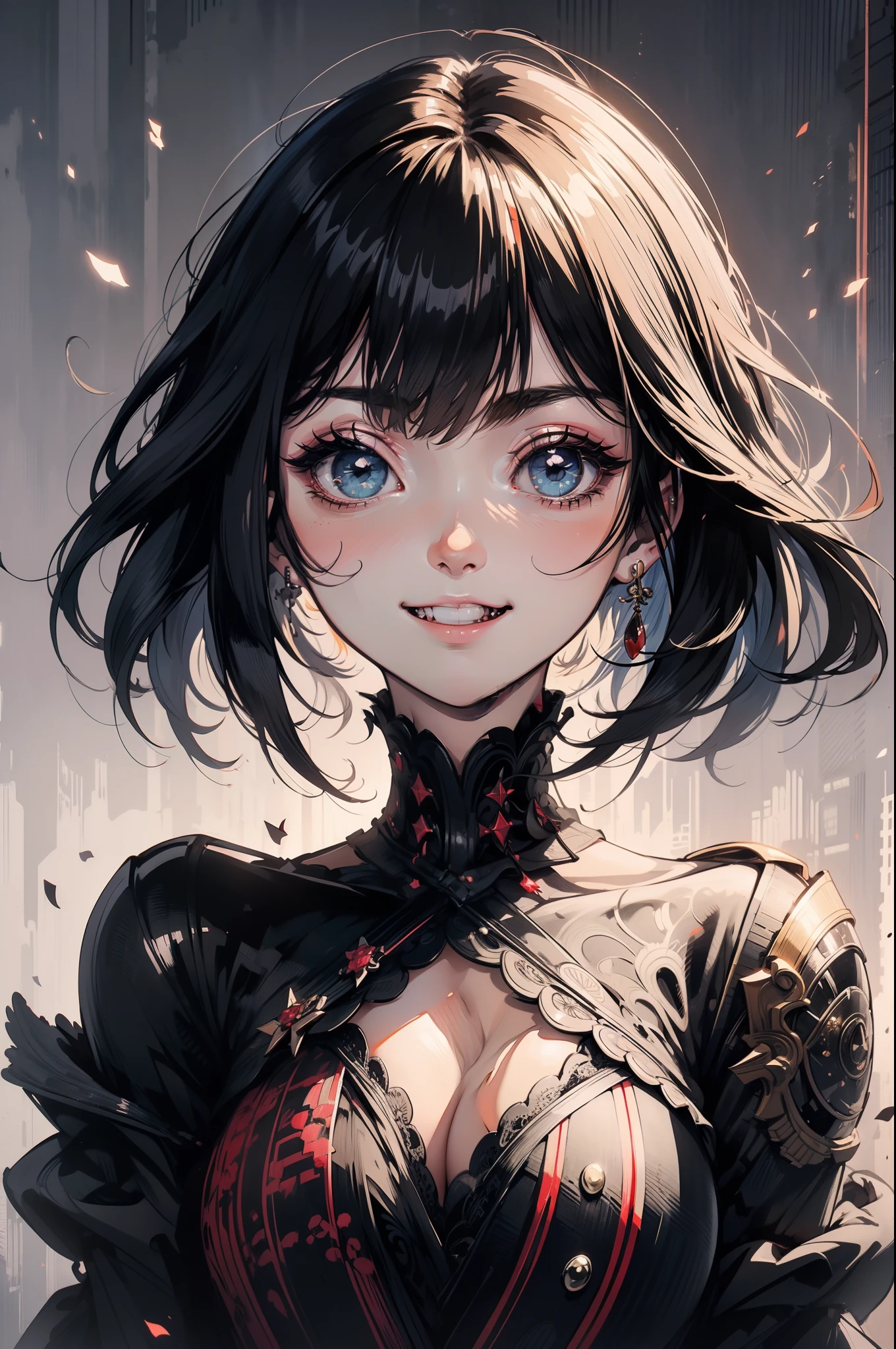(The succubus girl has black hair, Show fangs, Pure smile:1.2) Style Princess, (Steve Keller:1.08), Masterpiece, Best quality, Highest quality, Cinematic lighting, (voluminetric lighting), Extremely detailed Cg Unity 8K wallpaper, Focused, 8K wallpaper, 4k wallpaper, Extremely detailed, Ultra photo realsisim, Photorealistic, Sharp focus, absurderes, (hdr:1.2), (High contrast), photographed, Detailed and intricate, Instagram, Portrait, Highly detailed, Digital painting, art stations, concept-art, smooth, Sharp focus, illustration, Cinematic lighting