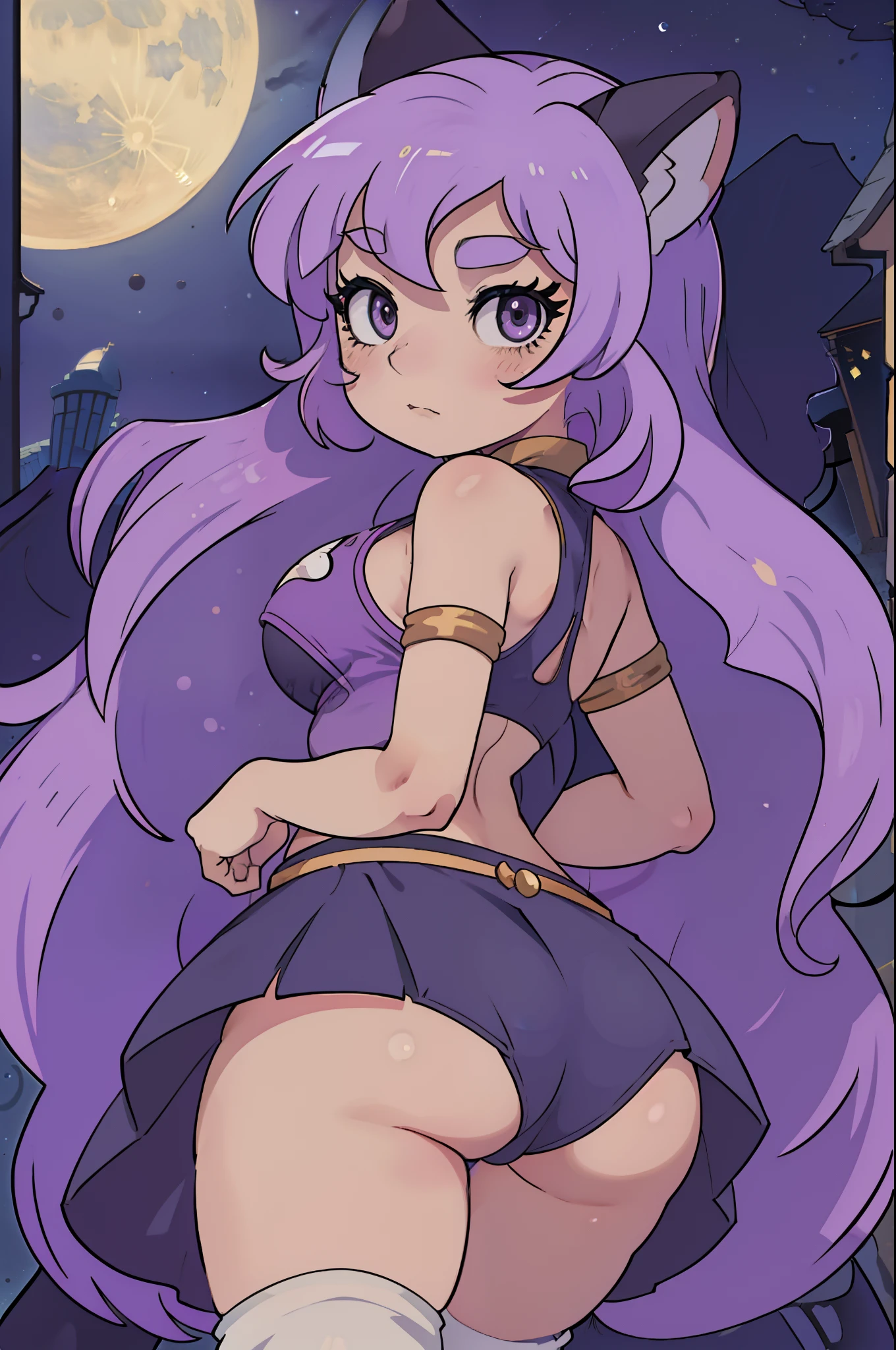 space, cute, breast, wide hips, large breast, cat ears, cute, feral girl, Princess Luna, My little pony, pony, pony ears, anthro, dark purple fur, knee high socks, moon, butt, looking back,  blushing, tail