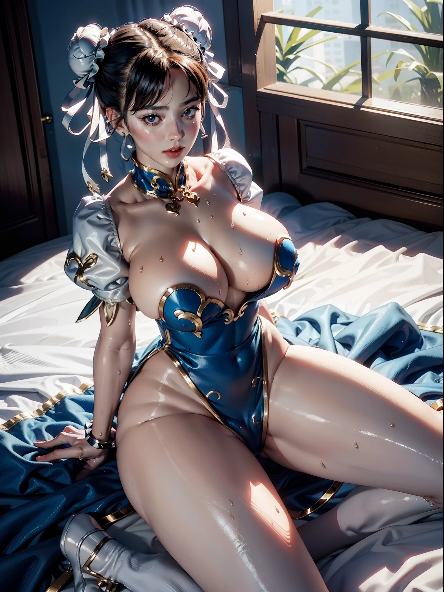 Best Quality, Masterpiece, Ultra High Resolution, 1Girl, Mature, White JK Uniform, Film Lighting, chun li  attractive, sheer white lingerie, seductive, sitting down on floor, extra curves, wet skin, sweaty, white skin, extremely large natural breasts, siting down on bed looking up at viewer, legs spread open, wide butt, big thighs, slim waist, shy, 18+, Nsfw