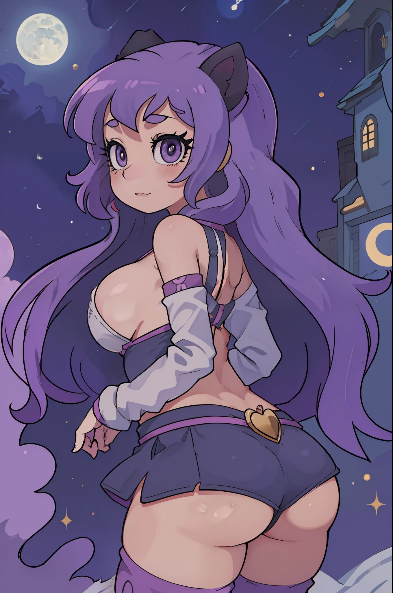 space, cute, breast, wide hips, large breast, cat ears, cute, feral girl, Princess Luna, My little pony, pony, pony ears, anthro, dark purple fur, knee high socks, moon, butt, looking back,  blushing, tail