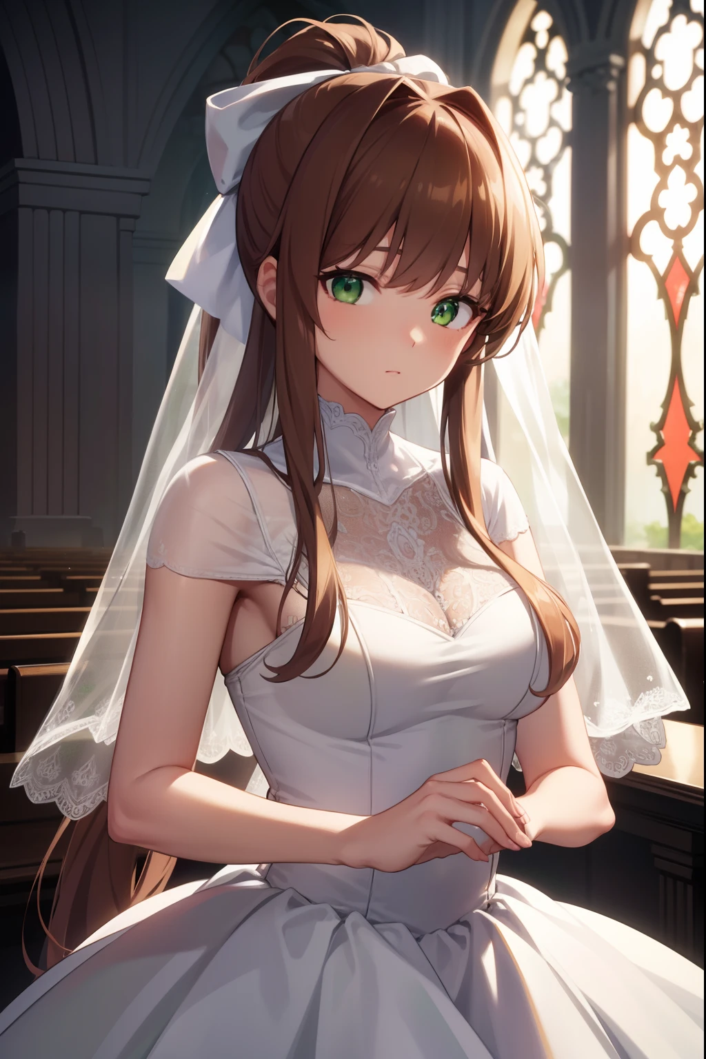 ddlcmonika, ddlcmonika, blunt bangs, brown hair, (green eyes:1.5), long hair, ponytail, ribbon, white ribbon, hair ribbon, sidelocks,
BREAK wedding dress, white gloves, white veil,
BREAK looking at viewer,
BREAK in a church
BREAK (masterpiece:1.2), best quality, high resolution, unity 8k wallpaper, (illustration:0.8), (beautiful detailed eyes:1.6), extremely detailed face, perfect lighting, extremely detailed CG, (perfect hands, perfect anatomy),