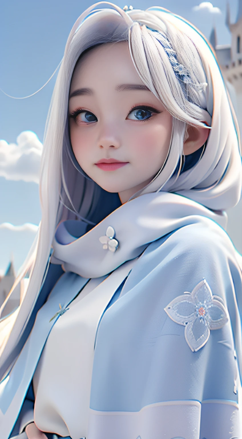 Kizi, Silver-white shawl long hair,The background is the castle,Tano,with blue sky and white clouds,4K Ultra HD, 超高分辨率, (Photorealistic: 1.4), Best quality,Masterpiece,Utra dilution,(pastel colour:1.2)