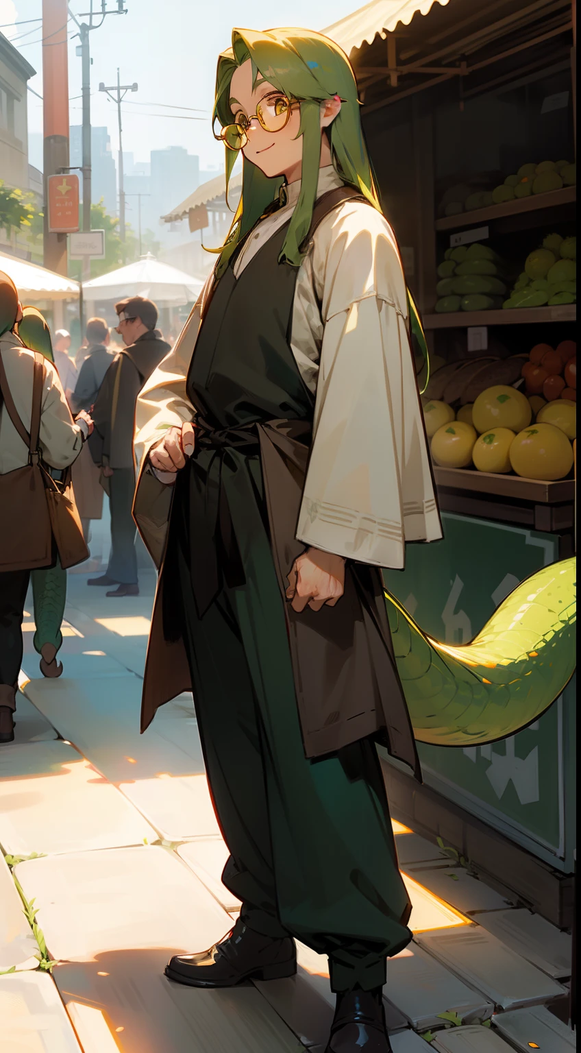 1man,solo,40s,happy face,market outfit, green hair,long hair,yellow eyes,glasses,1lizard tail,(((standing in front of a market)))