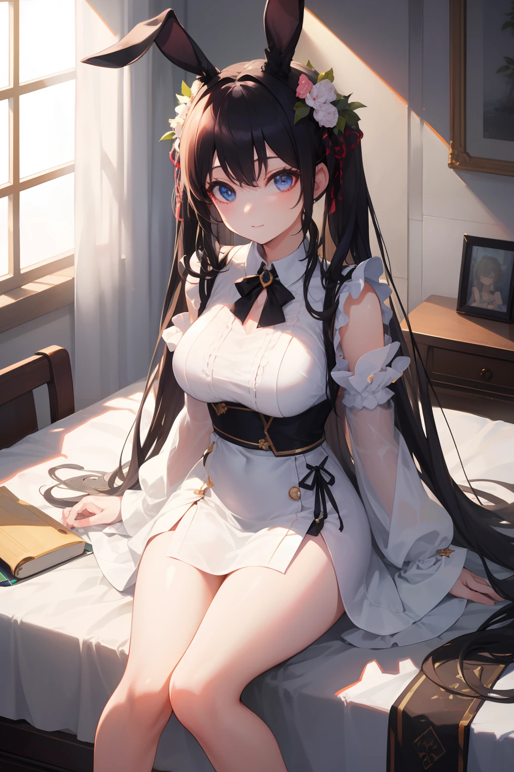 realisitic、top-quality、1人、Black detailed hair、Natural eye light、White fluffy dress、beautiful boob、Hareful、inside in room、Professional Certification、llight rays、