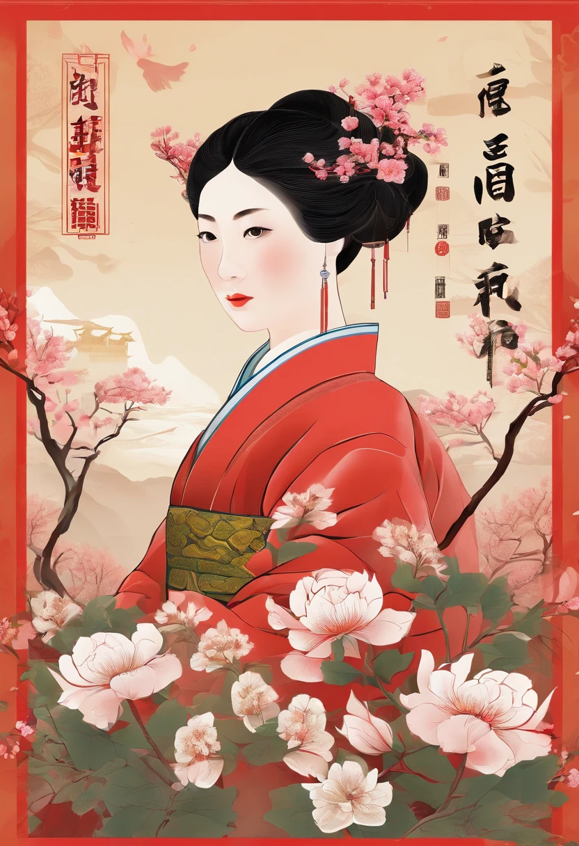 Spring,Spring flowers,chinese traditional architecture,,A woman wears Hanfu,Landscape of people