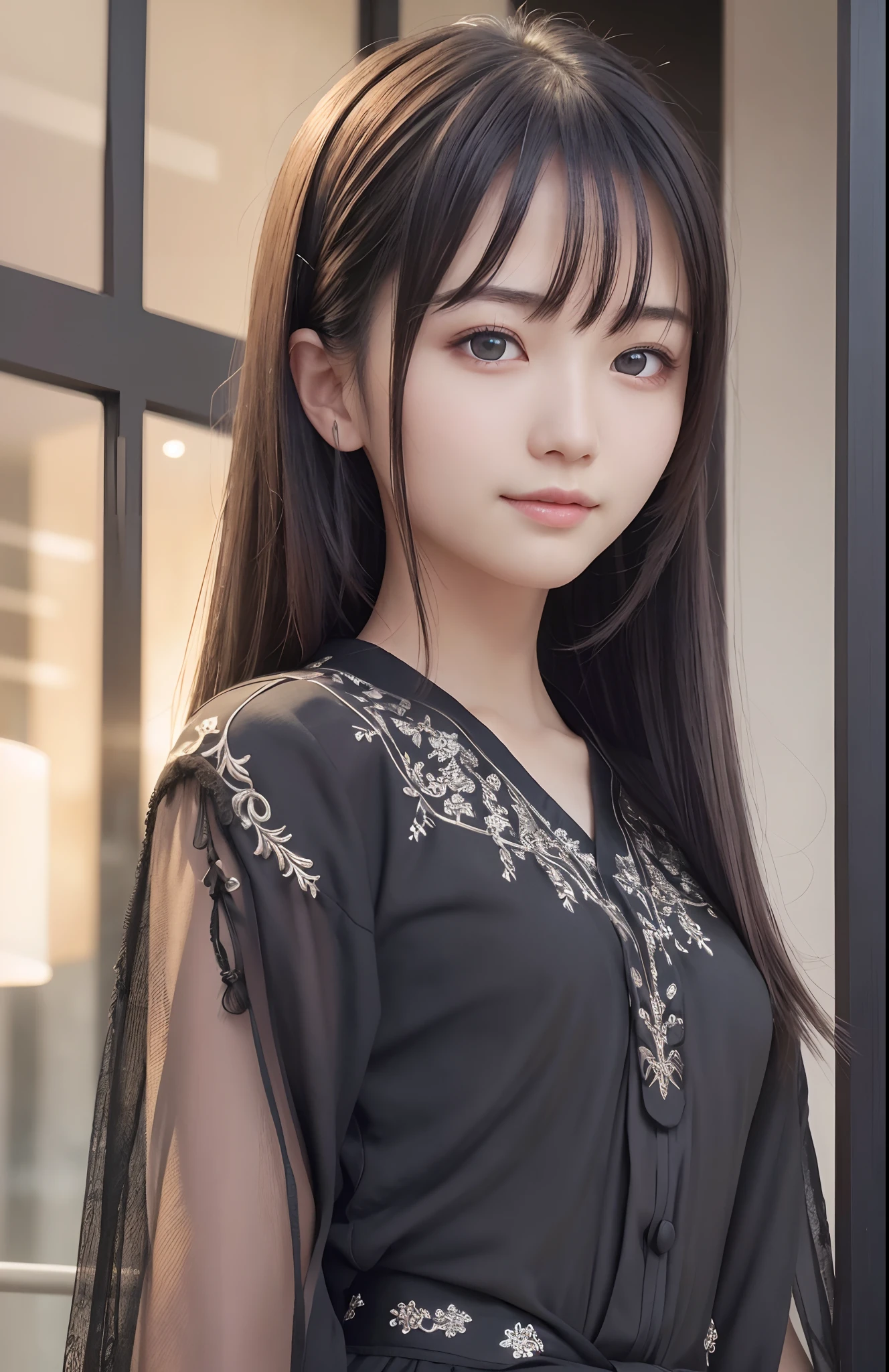 Masterpiece, 1 Beautiful Girl, Detailed, Swollen Eyes, Best Quality, Ultra High Resolution, (Reality: 1.4), Original Photo, 1Girl, Cinematic Lighting, Smiling, Japanese, Asian Beauty, Korean, Neat, Very Beautiful, Slightly Young Face, Beautiful Skin, Slender, Cyberpunk Background, (ultra realistic), (illustration), (high resolution), (8K), (very detailed), (best illustration), (beautifully detailed eyes), (super detailed), (wallpaper), (detailed face), viewer looking, fine details, detailed face, deep shadow, low key, pureerosfaceace_v1, smile, 46 point slanted bangs, facing straight ahead, neat clothes, black colored eyes,
