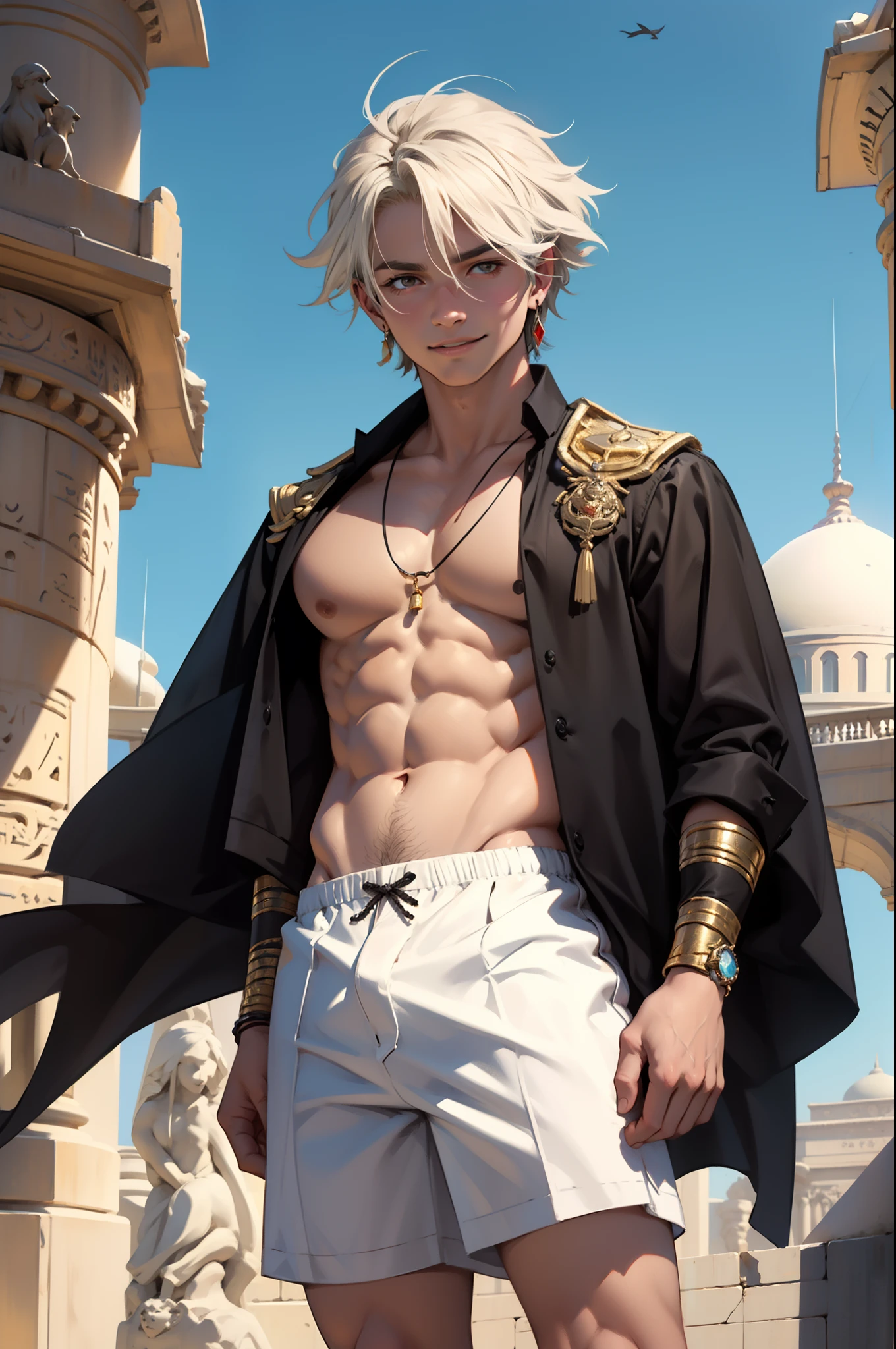 15 and 14 and 13 year old boy back in Egypt boy male without clothes, in boxers in transparent white underwear of brown leather , estomago plano cabello lasio liso corto, cuerpo entero mirando una ciudad cabello liso negro sonrrisa linda, estan en un palacio oasis rostro con razgos finos, con joyas tipicas del antiguo egipto