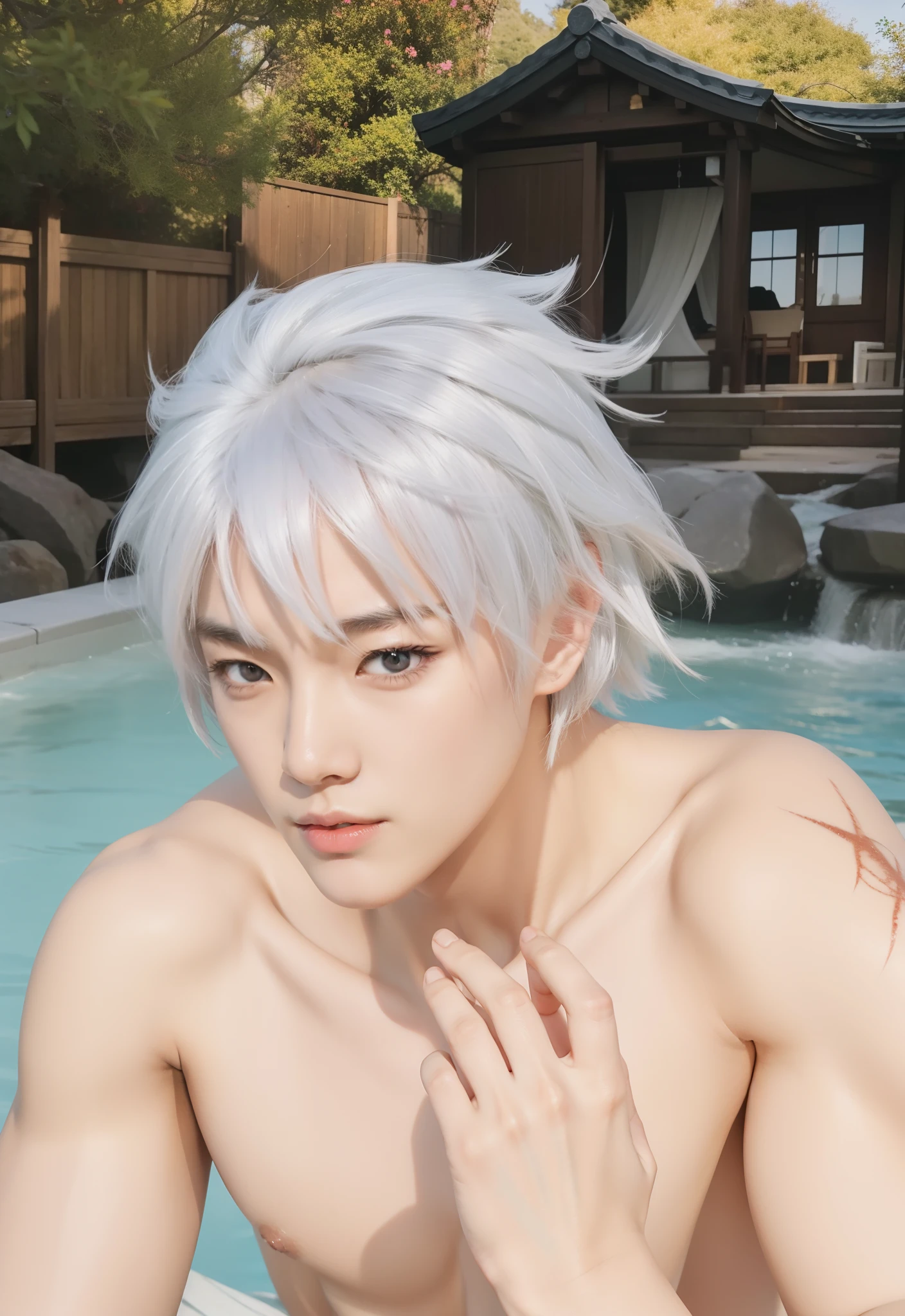 real life adaptation of this character, Korean teen handsome face, has a scar that cuts across his left eye, realistic white hairstyle, muscular body, realistic light, realistic shadow, (photorealistic: 1.2), realism, hyper realistic