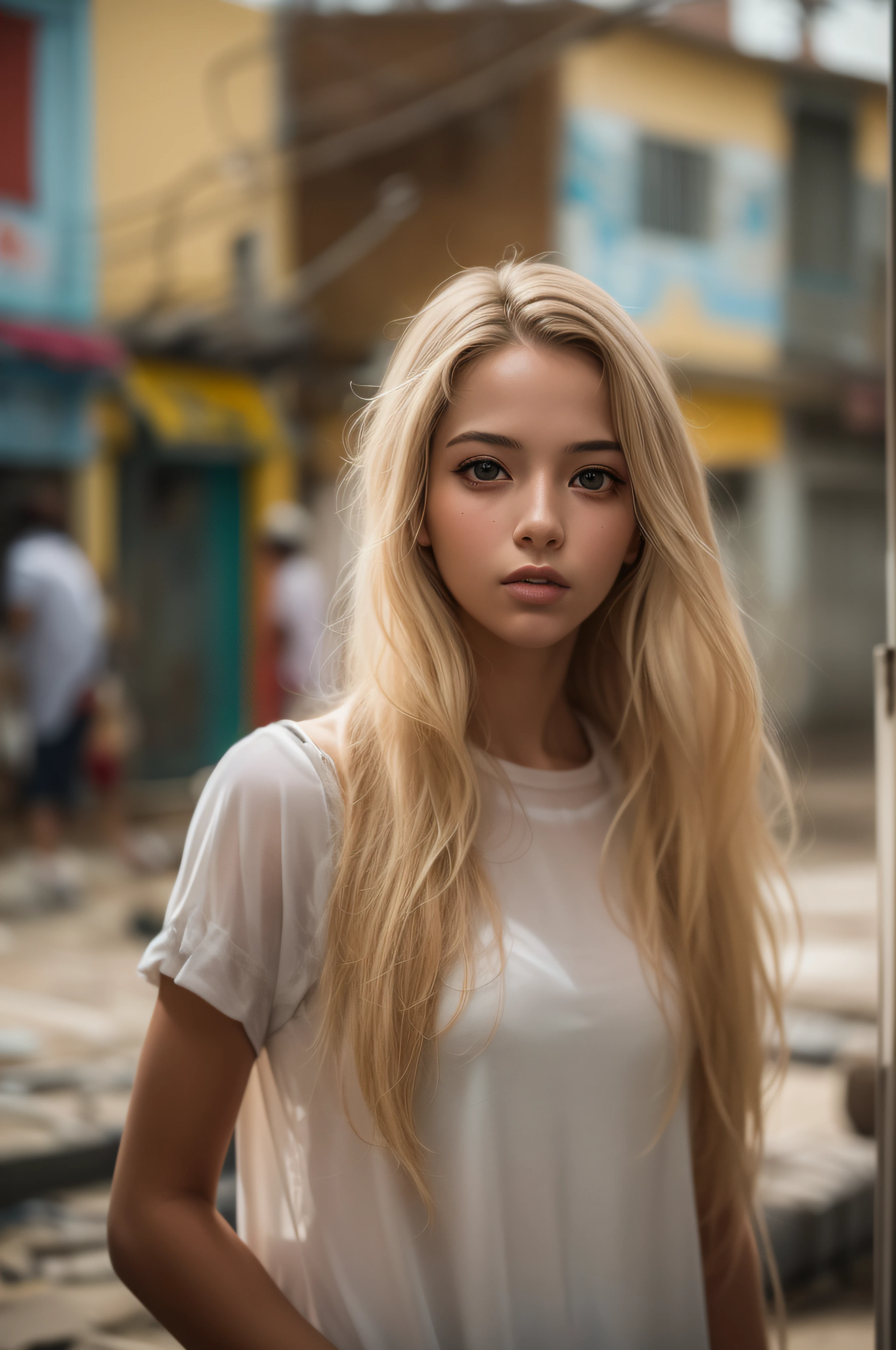 Young adult woman, Brazilian, honey-colored eyes, blonde hair, darkened at the roots, thin and tall, open transparent favela Da clothes