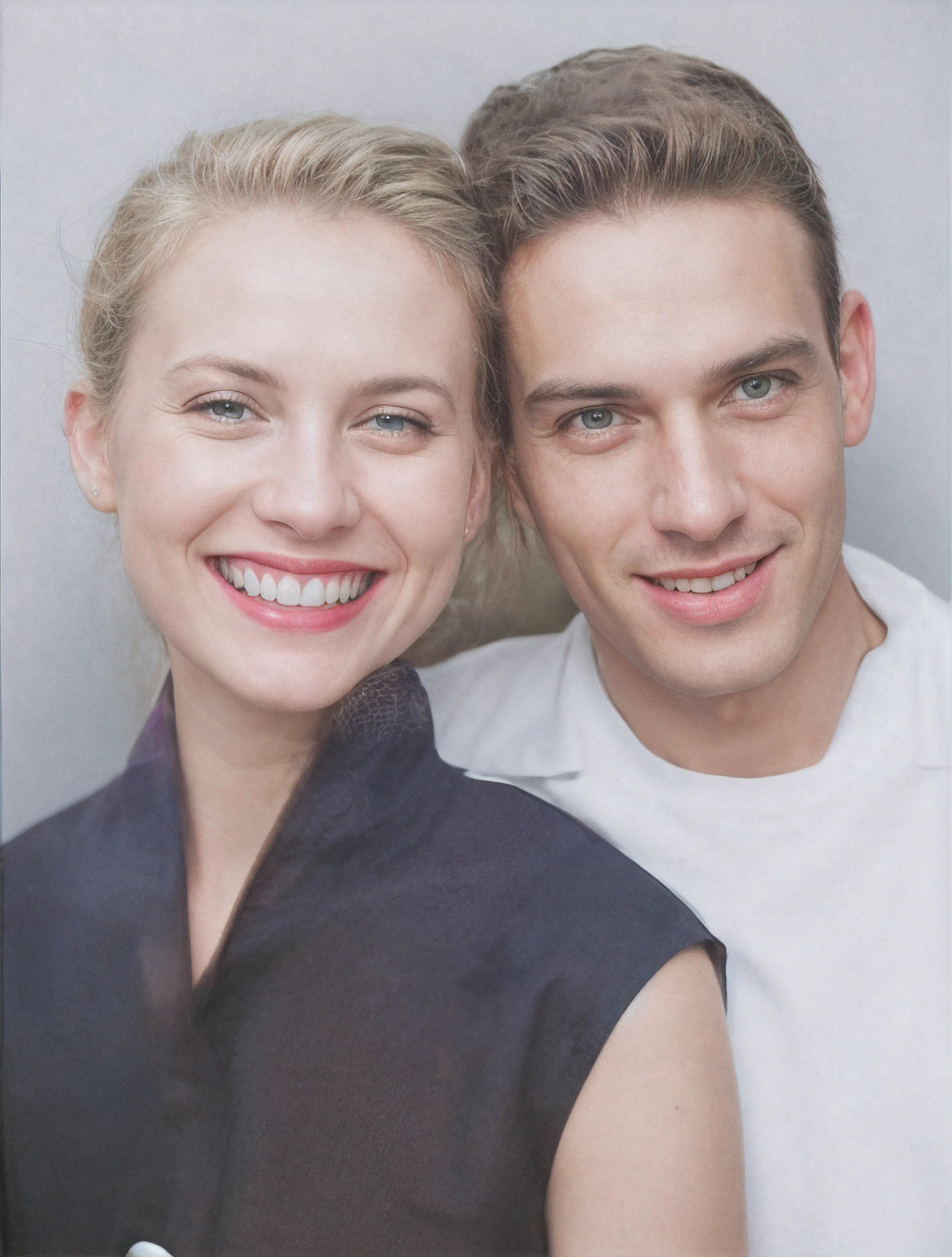 There are two people who are posing for a photo together, man and woman, couple, smiling couple, couple portrait, woman with straight blonde hair, green eyes, smiling, white teeth, blue dress with 1 white button, man with light brown hair, green eyes, smiling , white teeth, with a white shirt and a white t-shirt underneath, white background, raw photo, amazing photograph, best quality, 8K, high quality, Ultra detailed, (high detailed skin, full sharp:1.2), 8k uhd, dslr, detailed face