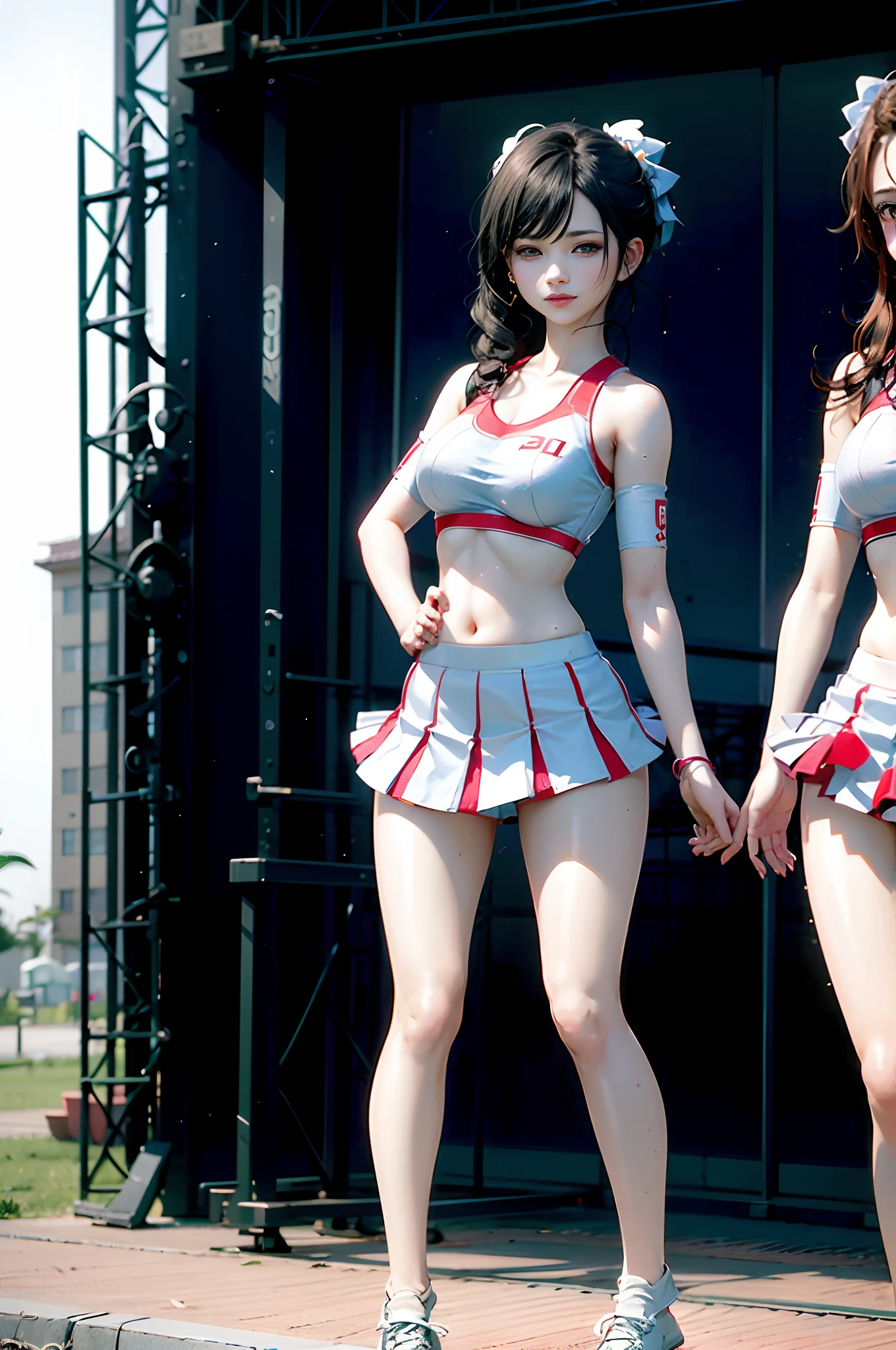 Two women in short skirts standing next to each other, alena aenami and lilia alvarado, ayami kojima and lyde caldwell, Wearing tight simple clothes, two japanese girls posing, Two girls, twins, symmetric!!, wearing white skirt, Very beautiful long slim legs, tight outfit, Short skirt, wearing heels and white dress, skin tight dress