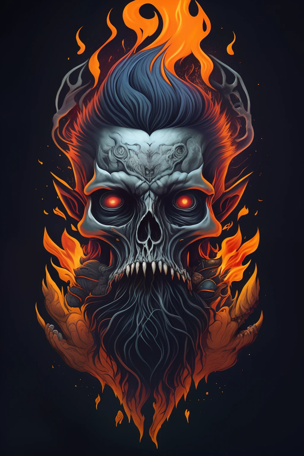 a skull with a beard and a bear with flames, bearded skull, fantasy skull, Dan Mumford e Alex Grey Estilo, estilo de hydro74, No estilo Dan Mumford obra de arte, inspirado em Dan Mumford, Dan Mumford Tom Bagshaw, vetor behance hd jesper ejsing, fiery skull contemplating life, Retrato de um esqueleto hipster, estilo de arte heavy metal