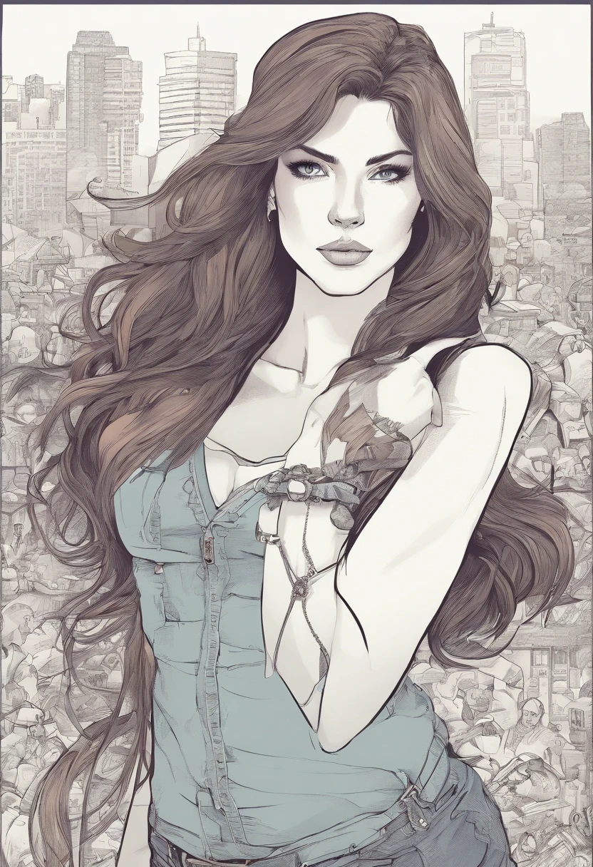 (( anatomicamente correto, boa qualidade, obra prima )), Young white woman with brown hair looking into the camera, estilo arte capa de quadrinhos, cabelos compridos, roupas casuais, olhos castanhos, denim trousers, cabelos lisos, ultrarrealismo