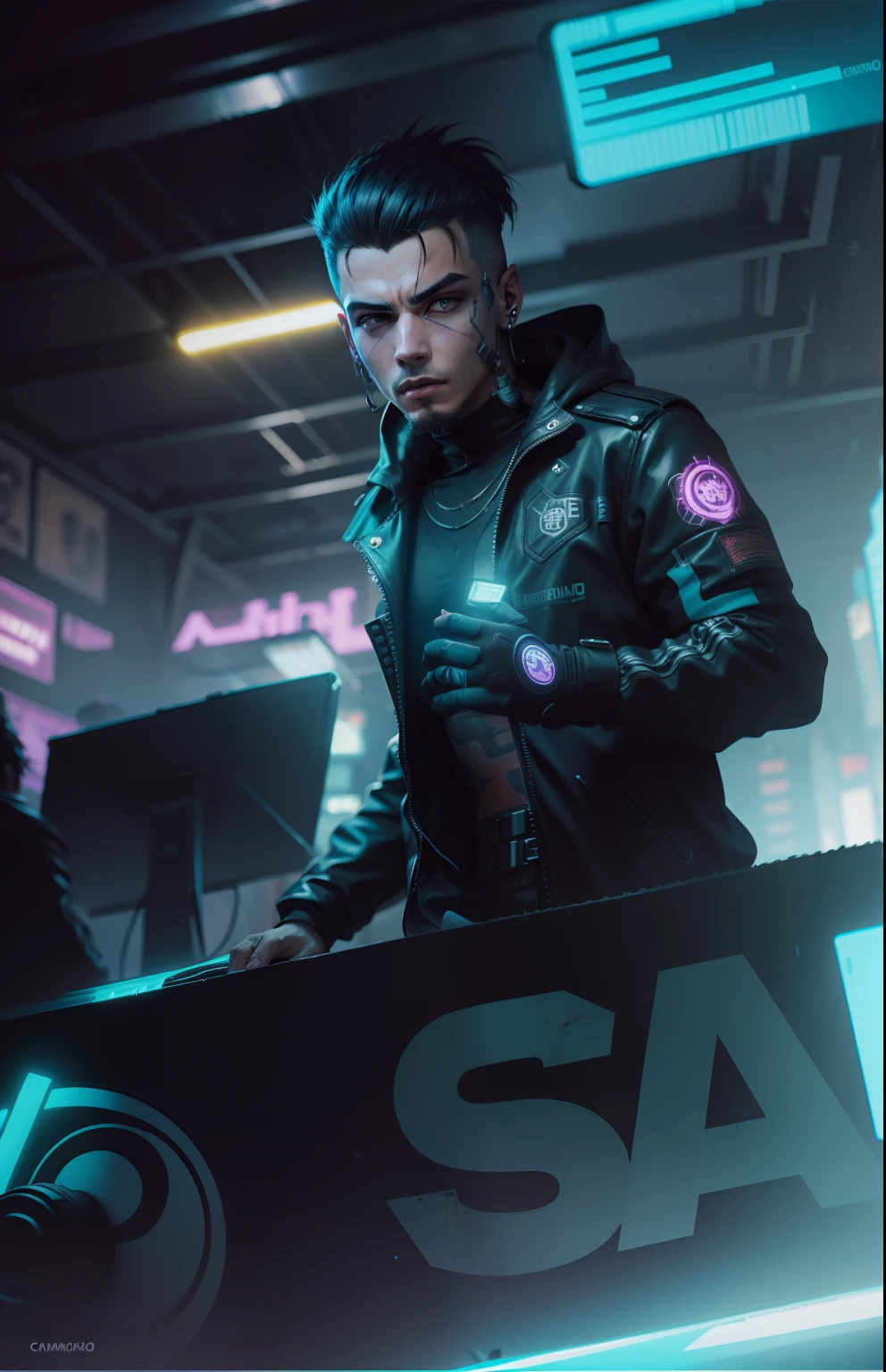 Cambiar fondo cyberpunk chico guapo, Cara realista,