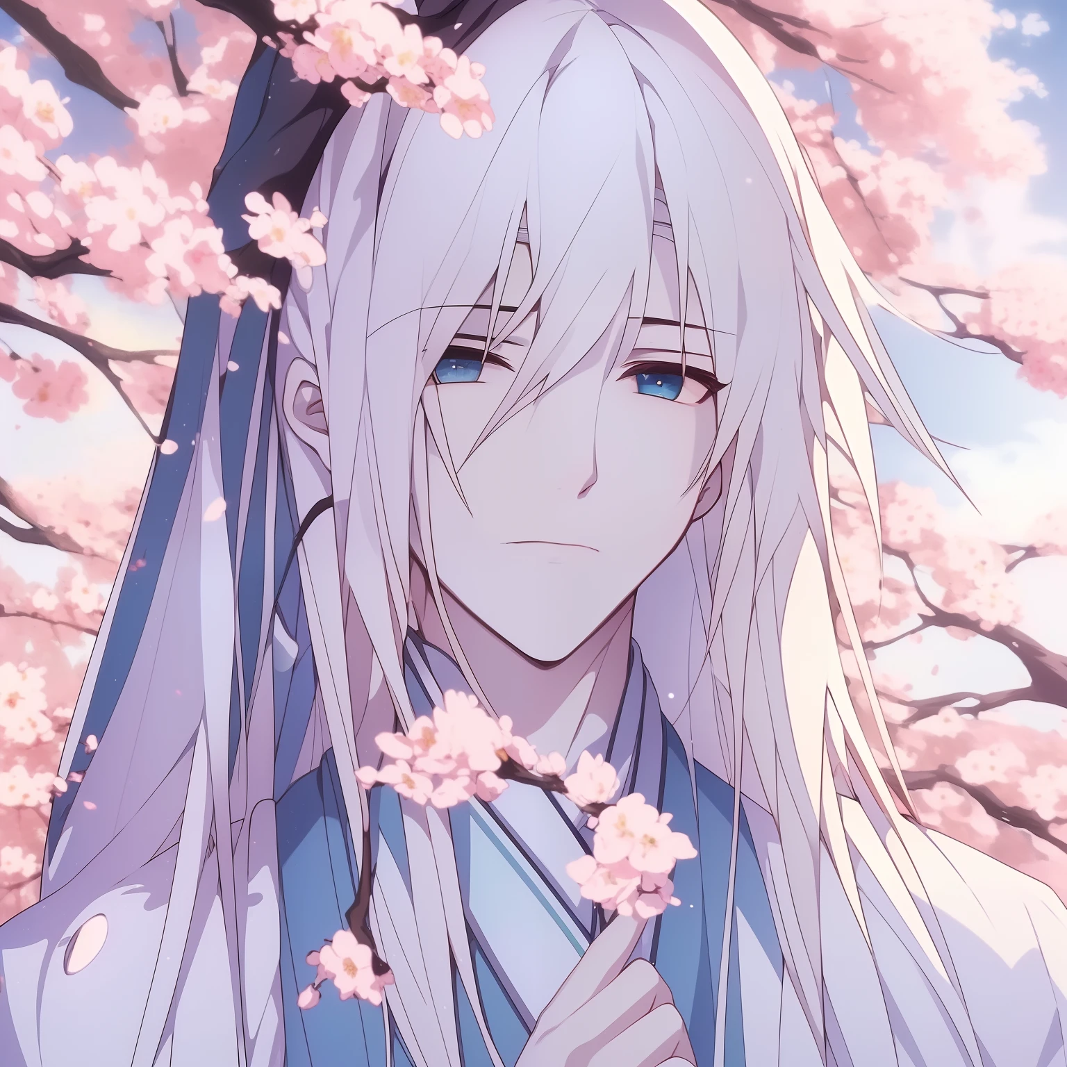 (ultra-detailed,best quality,4k,highres,masterpiece:1.2),(realistic,photorealistic,photo-realistic:1.37),boy,anime,portraits,white clothes,short white hair,cute,blue eyes,cherry blossom,flowers,messy bangs,gentle,warm sunlight,calming background,vivid colors