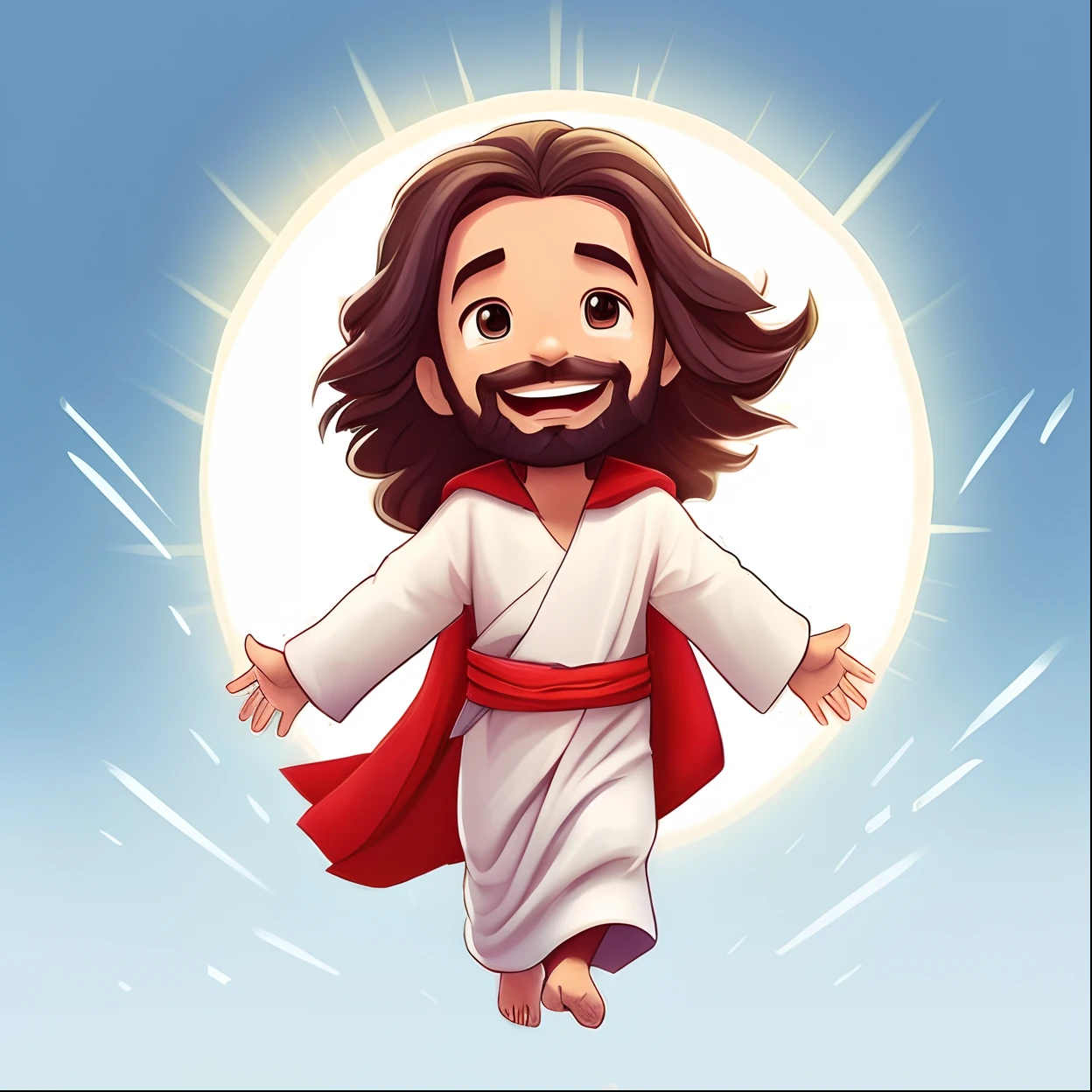 A cartoon Jesus flying through the sky with his arms outstretched, Jesus Cristo, Jesus Cristo Indo Super Saiyajin, Vestido como Jesus Cristo, Jesus Gigachad, rosto de Jesus, Awesome, he is greeting you warmly, Jesus Ninja, Jesus walking on water, jesus of nazareth, he is happy, jesus wasted at a party, Jesus, he is very happy