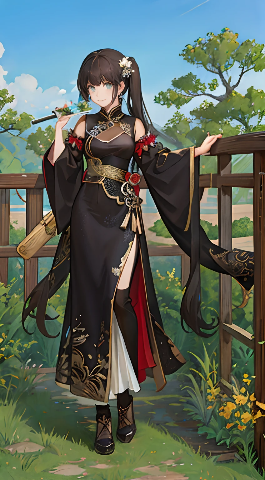 Anime girl in a black dress standing in front of a fence - SeaArt AI