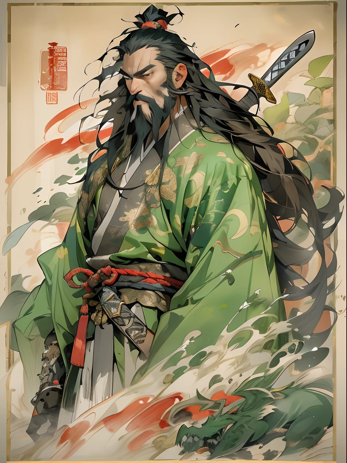 (((China-style,Ink painting method,Half-length portrait,Intense color,Han dynasty, China,Hanfu,Armor,Guan yu,Guan Yunchang,of a guy,Ruddy killing square face,Hold it with your right hand(Close the knife)Qinglong Weir Moon Knife,Stroke your beard with your left hand,Long hair,petty eyes,Green robe))), (((best qualityer))), (((tmasterpiece))), (((AS-Adult))), ((( Japanese ))), Look up from your knees, Handsome Asian samurai,perfect body figure, Modern samurai, ((( Asian))), Wear gloves on your hands,The left arm is made of steel and metal tips,Made of protective devices, The eyes are pulled, (( Appears below the chest )), (( Small dental floss )), Simon Bisley, Almost naked(Simon Bisley)Castle City Wilderness,For high-resolution posters, hair straight, Minimum clothing, armure (Crazy clothes ), Full of tips and rivets, tribal tattoos, (((full bodyesbian))), Straight brunette hair,Colored hair ends