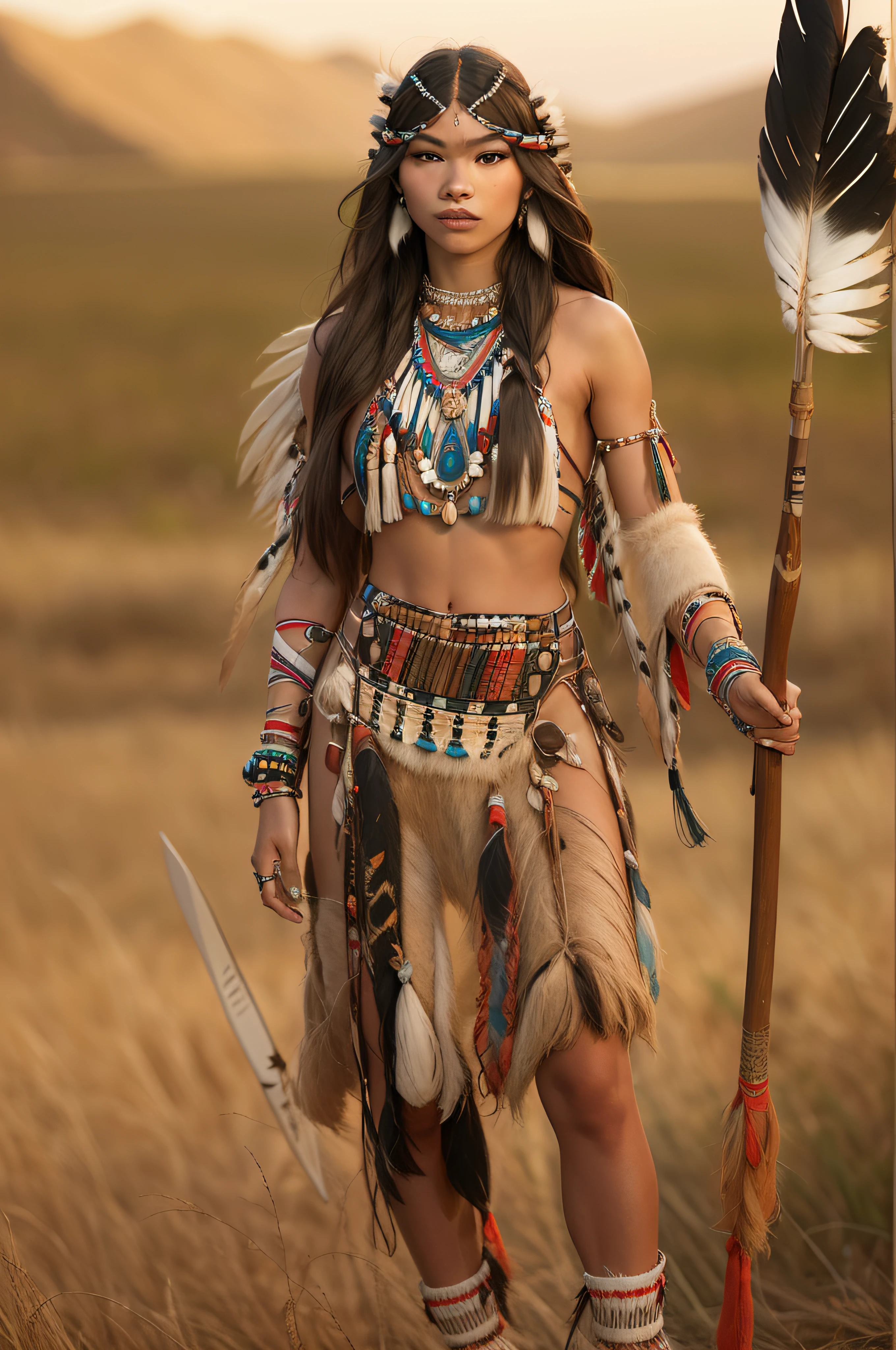 Native American beauty in dance poses, luxurious leather ponchos embroidered with intricate embroidery, flowing tulle, feather hair ornaments, war bonnet, tattoo, brown skin, Indian jewelry, Native American pattern, transparent and long colorful ubert on arms, navel ribbons, shoulders, necks, arm ring ribbons, wreaths, bracelets, anklets, Metal chain tassel around waist, sun god background, ink wash, popular CGSTATION, masterpiece, recent quality, high resolution details, 32K