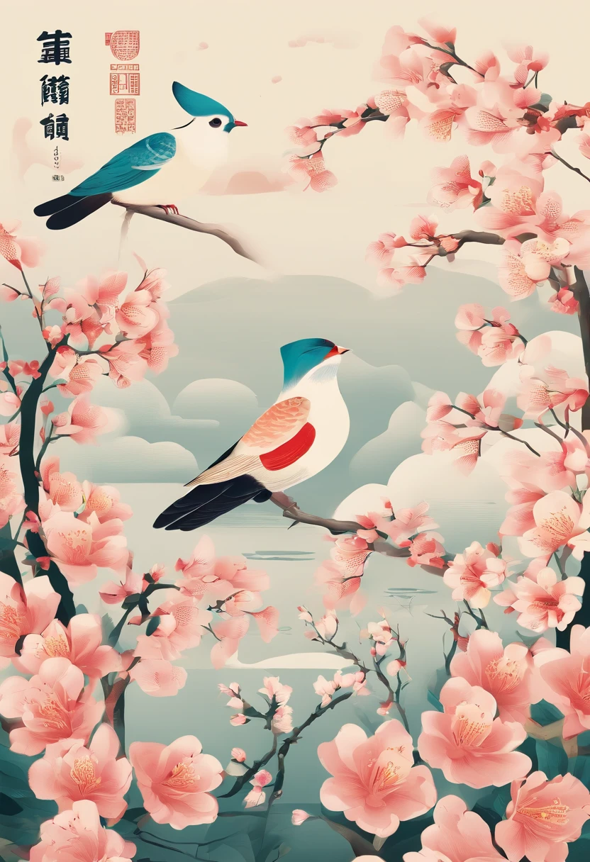 Spring,Traditional Chinese solar terms,early spring,(((Spring flowers))),The copywriter is Lichun,No other text,On the flower branches((cuckoo))