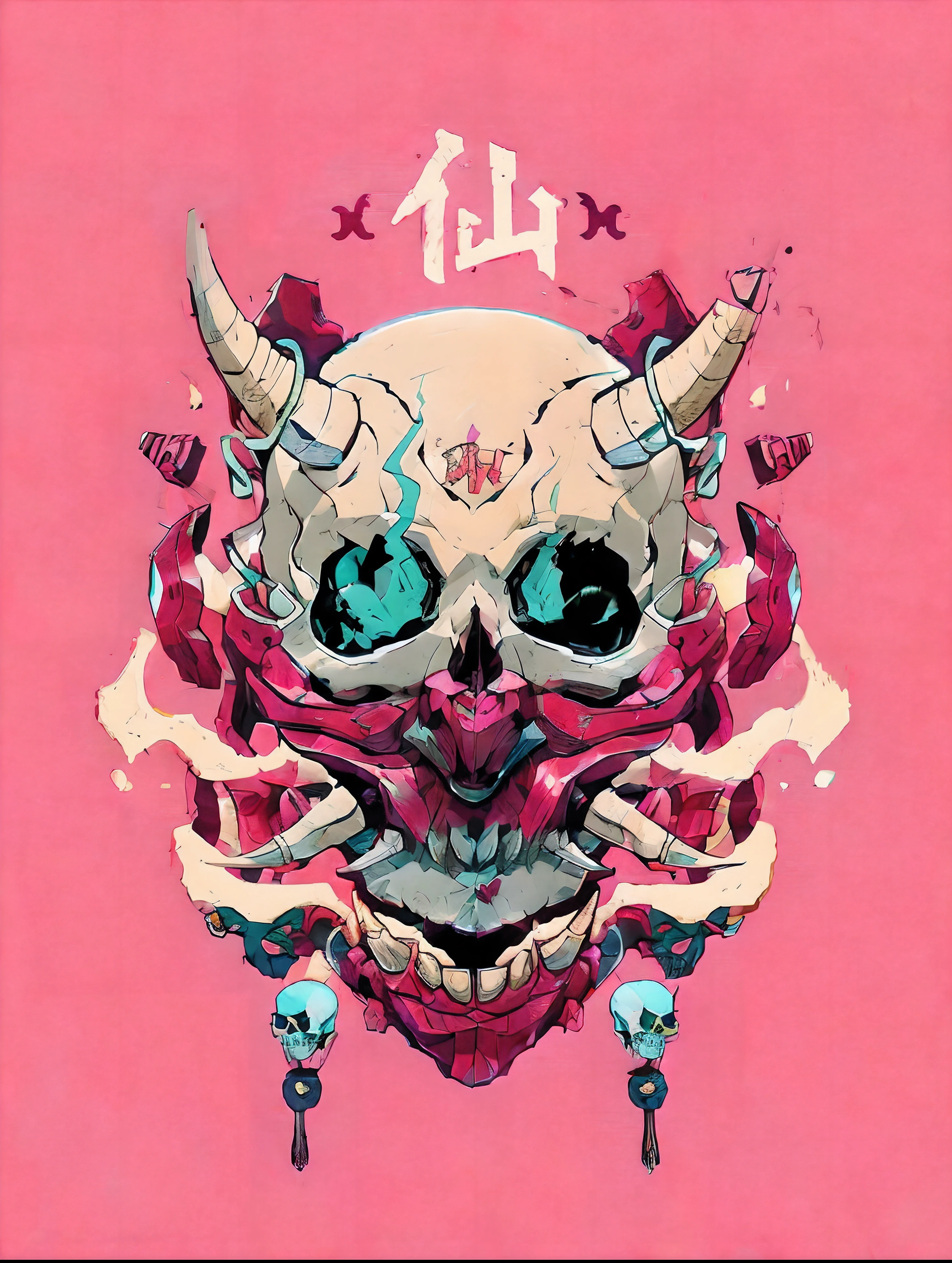 a closeup of a horned skull and demon head, por Sin Wi, eles chifres, arte no estilo de z.em. Gu, estilo de hydro74, skull like, ((skull)), nychos art aesthetic, caveira, Nychos, No estilo de Sachin Teng, skull design for a rock band, sharp high quality artwork