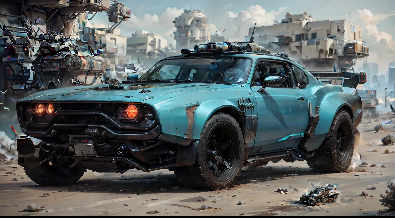 Futuristic cyberpunk car with guns, rocket launcher, drones, skulls, wings, fire, desert at night with redmoon