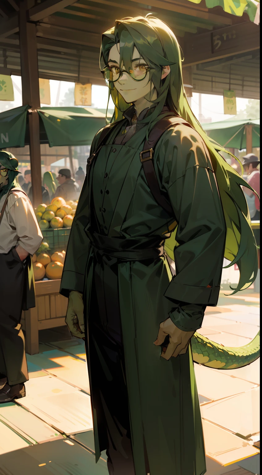 1man,solo,40s,happy face,(((green skin))),market outfit, green hair,long hair,yellow eyes,glasses,1lizard tail,(((standing in front of a market)))