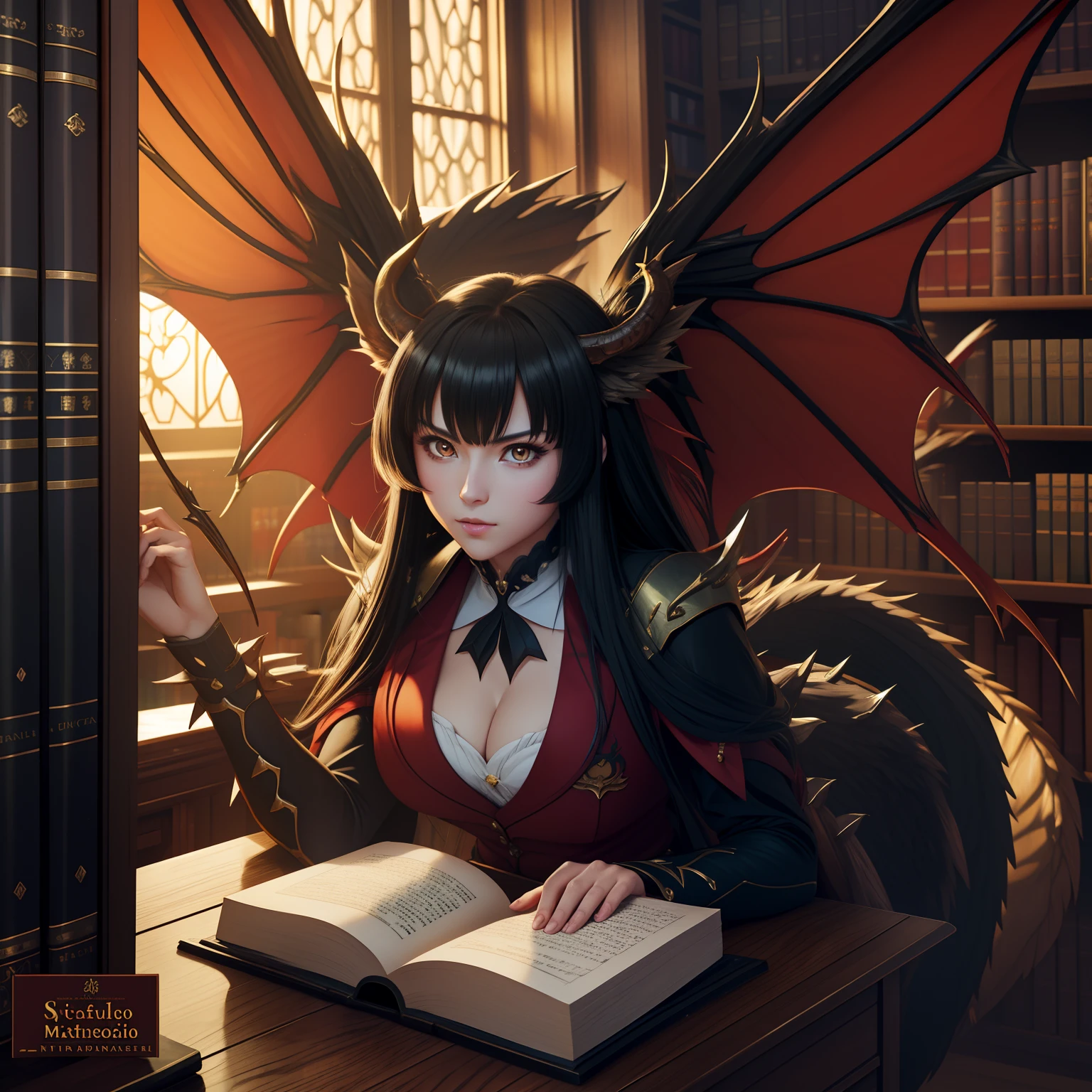 (best quality,4k,8k,highres,masterpiece:1.2),ultra-detailed, manga, Studio ghibli, anime, painting, manticore woman, monster girl, dragon wings, scorpion tail, school uniform, librarian, Fangs, fairytale-like setting, library, stacked bookshelves, ancient books, cool atmosphere, spiked tail, porcupine tail, bat wings, reading, facing viewer, book, perfect face