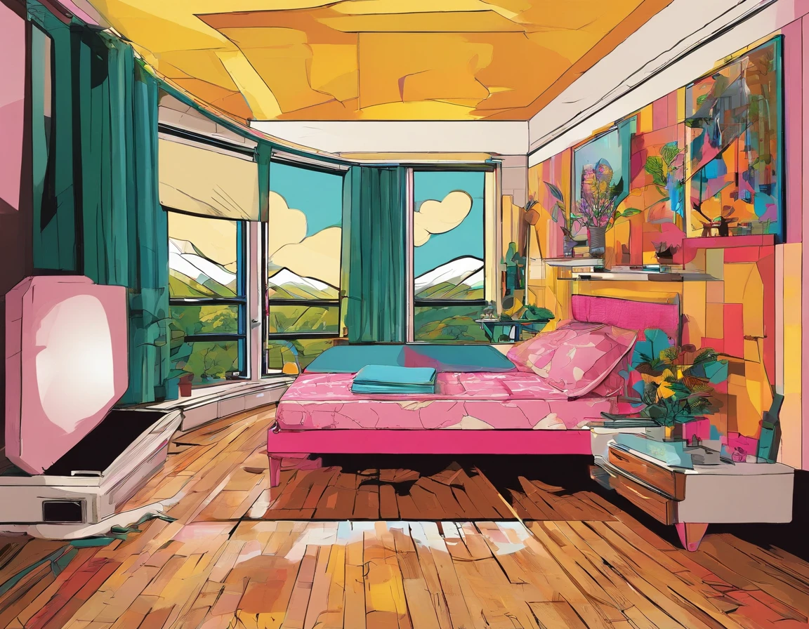 ambiente rustico, wooden floor, com mesa de madeira com computador em cima, janela grande com vista para fora, Landscape with spruce trees, lindo, 8k detalhado, detalhes leves e sutis com plantas, ambiente de estudo, uma menina japonesa deitada na cama e o vento batendo na cortina.