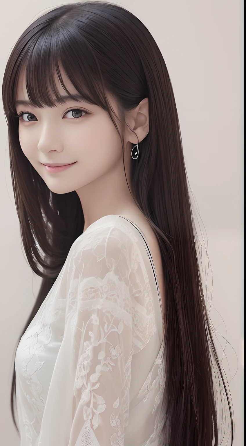 masterpiece, 1 beautiful girls, detaileds, Swollen eyes, top-quality, 超A high resolution, (Realistis: 1.4), OriginalPhotographs, 1Girl, 电影灯光, a smile, japanes, Asian beauty, Proper, very extremely beautiful, Slightly younger face, Beautiful skins, slender, simple background, (A hyper-realistic), (illustratio), (hight resolution), (8K), (ighly detailed), (The best illustrations), (beautifully detailed eyes), (ultra-detailliert), (wall-paper), (详细的脸), looking at the viewers, fine detailed, A detailed face、deep-shadows、Unobtrusive、pureerosfaceace_v1、a smile、46-point diagonal bangs、Facing straight ahead、Neat Clothing、Black colored eyes、