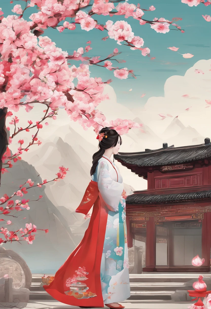 Spring,Spring flowers,chinese traditional architecture,,A woman wears Hanfu,Landscape of people,(Spring)The Chinese characters