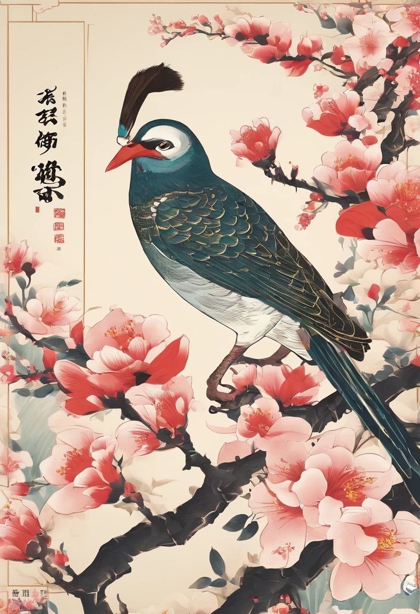 Spring,Traditional Chinese solar terms,early spring,(((Spring flowers))),There is in the upper left corner(Spring)two characters,Modern brush writing,On the flower branches((cuckoo))