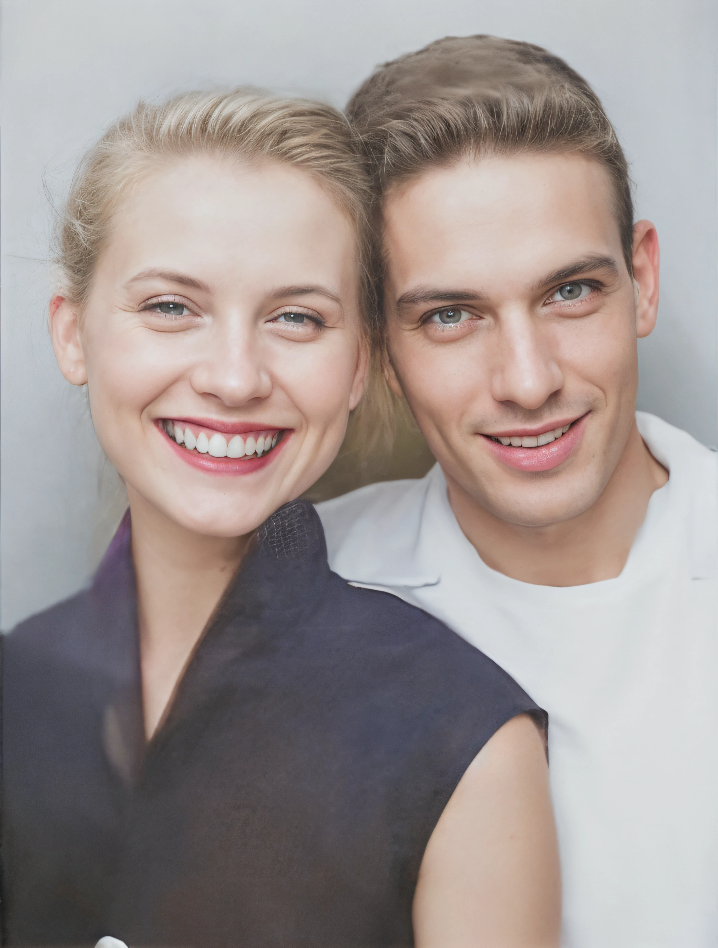 There are two people who are posing for a photo together, man and woman, couple, smiling couple, couple portrait, woman with straight blonde hair, green eyes, smiling, white teeth, blue dress with 1 white button, man with light brown hair, green eyes, smiling , white teeth, with a white shirt and a white t-shirt underneath, white background, raw photo, amazing photograph, best quality, 8K, high quality, Ultra detailed, (high detailed skin, full sharp:1.2), 8k uhd, dslr, detailed face