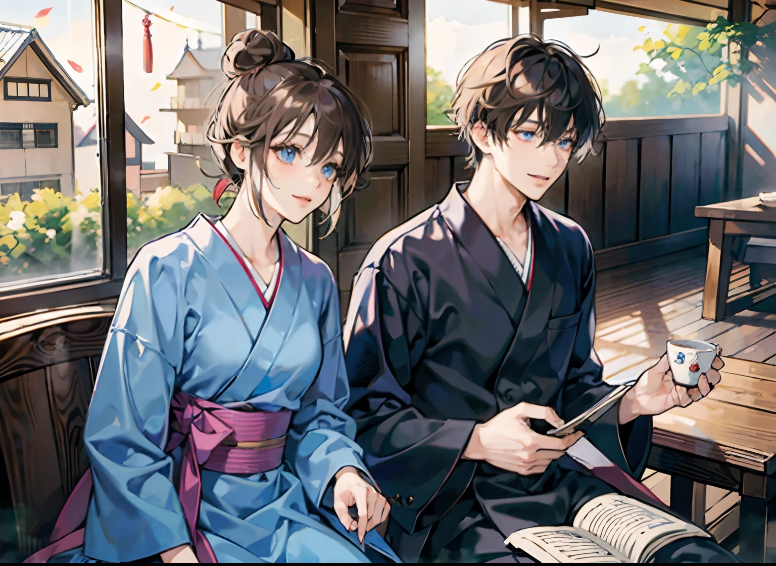 anime scene of a two people sitting at a table laughing and a man entering the door, satoru gojo, man, white hair, blue eyes, laughing, shoko ieiri, girl, brown hair, bob cut, suguru geto, man, hair tied up to a bun, standing at the door, white sheet table, japanese style home, masterpiece, illustration, high quality fanart, 2 d anime style, detailed fanart, at a dinner table