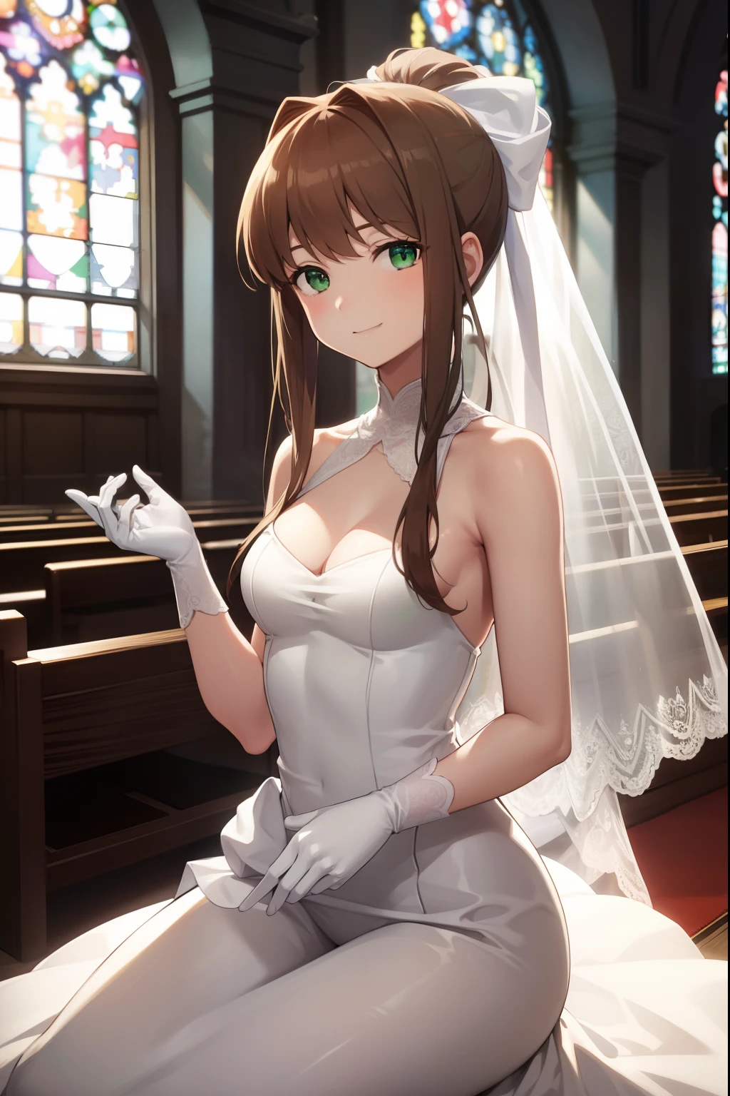 ddlcmonika, ddlcmonika, blunt bangs, brown hair, (green eyes:1.5), long hair, ponytail, ribbon, white ribbon, hair ribbon, sidelocks, BREAK wedding dress, white gloves, white veil, BREAK looking at viewer, smiling, holding the viewer hand, BREAK in a church, people sitting in the background, out of focus, BREAK (masterpiece:1.2), best quality, high resolution, unity 8k wallpaper, (illustration:0.8), (beautiful detailed eyes:1.6), extremely detailed face, perfect lighting, extremely detailed CG, (perfect hands, perfect anatomy),