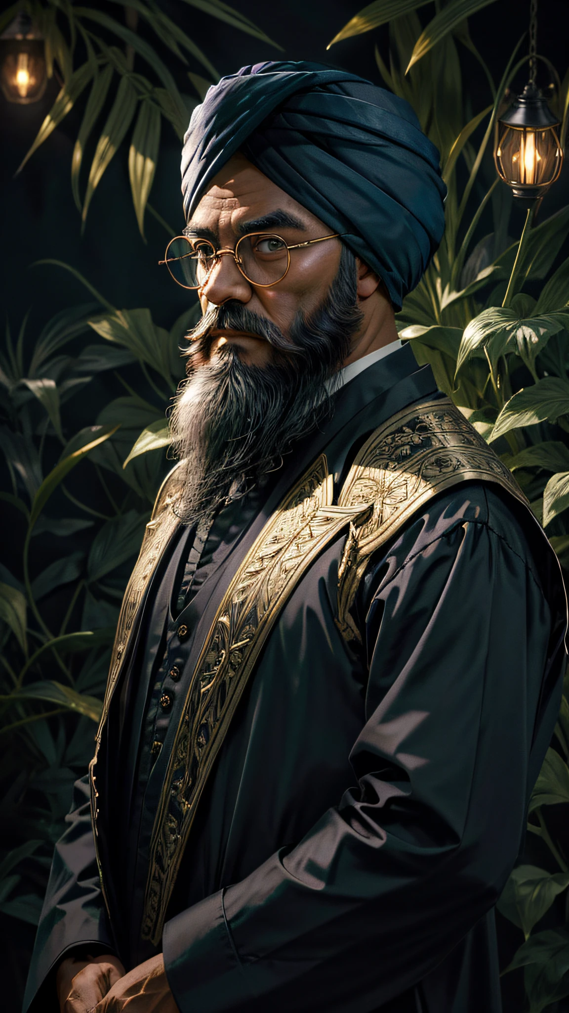 Masterpiece, best quality, 1man, male, close-up, (man, long beard, old man), solo, upper body, (tan, dark skin, turban, small round glasses:1.4), white open collared shirt, serious, furrowed brow, looking away, (dark, dimly lit:1.2), jungle, trees, ferns, bushes, flowers, vines, night, moonlight, blue lighting, dark robes, gold trim, hyperrealistic, detailed background, depth of field, rimlighting, specular highlights, bloom, atmospheric lighting
