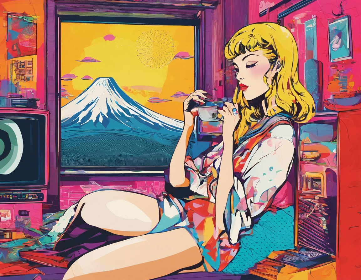 Menina japonesa deitada na rede em um quarto com janela grande vista pra fora e chovendo