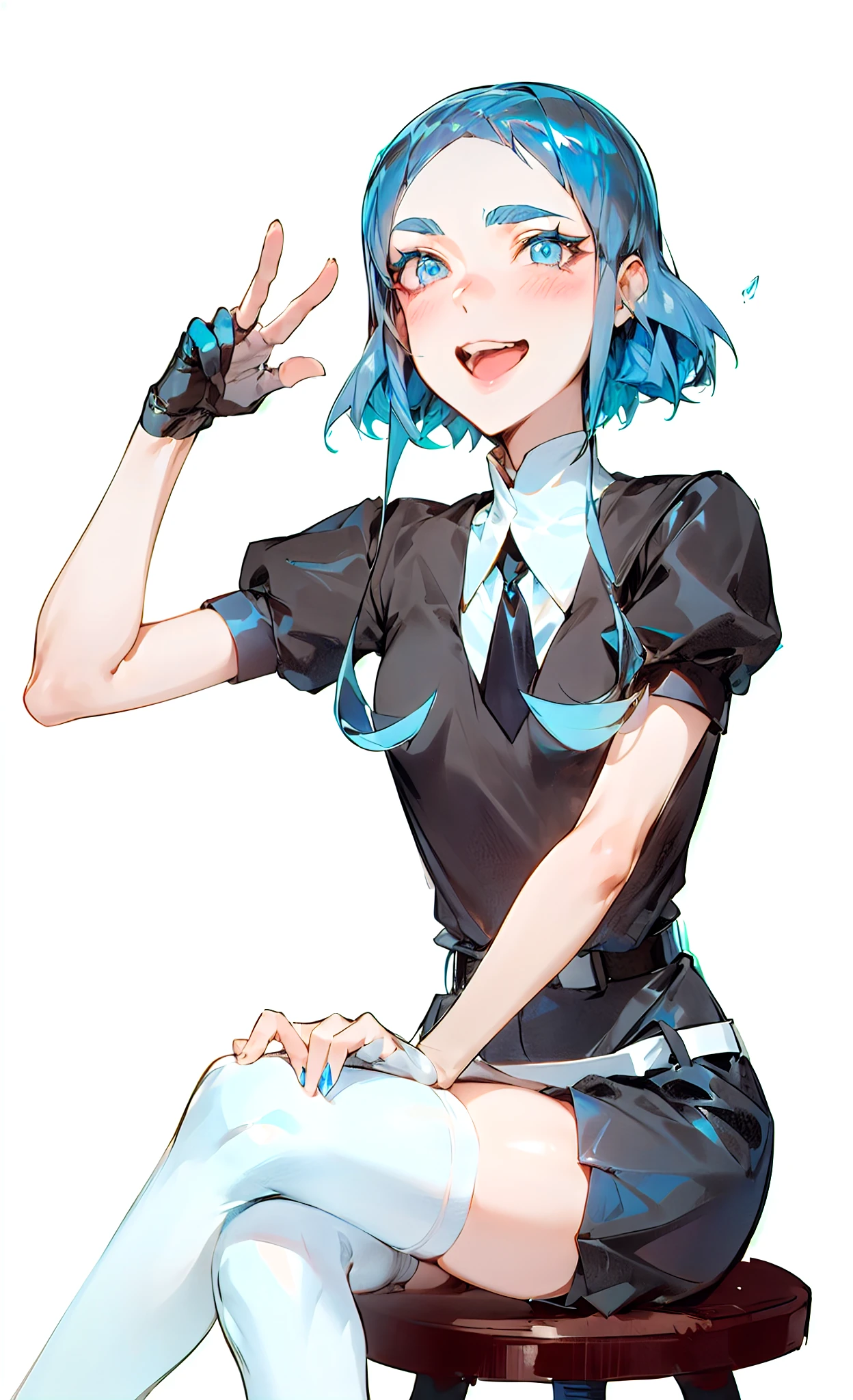 Anime girl with blue hair sitting on a stool and waving her hand, anime land of the lustrous, A girl with blue short hair and two long curls on the front, blue crystal hair, Glowing Hair, dark gray gray hair in the middle of the hairline;, detailized face, Eyes wide open, Cyan eyes, happy face, blushful, flirts, big sister, Home, uniform, Uniforms from the anime Gems, tie, puffy short sleeves, Shorts, puffy short sleeves, white stockings, Black glove on his right hand, White Belt