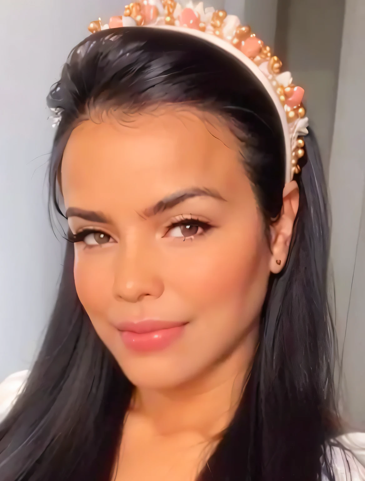 a woman with long black hair wearing an aunt with pearls, lindo rosto latino, Parece Fabiula Nascimento, flawless olive skin, wearing a pink head band, Alanis Guillen, mulher mexicana bronzeada bonita, Mulher mexicana bonita, Mulher de 30 anos de Cuba, curtido ameera al taweel, Sobrancelhas relaxadas