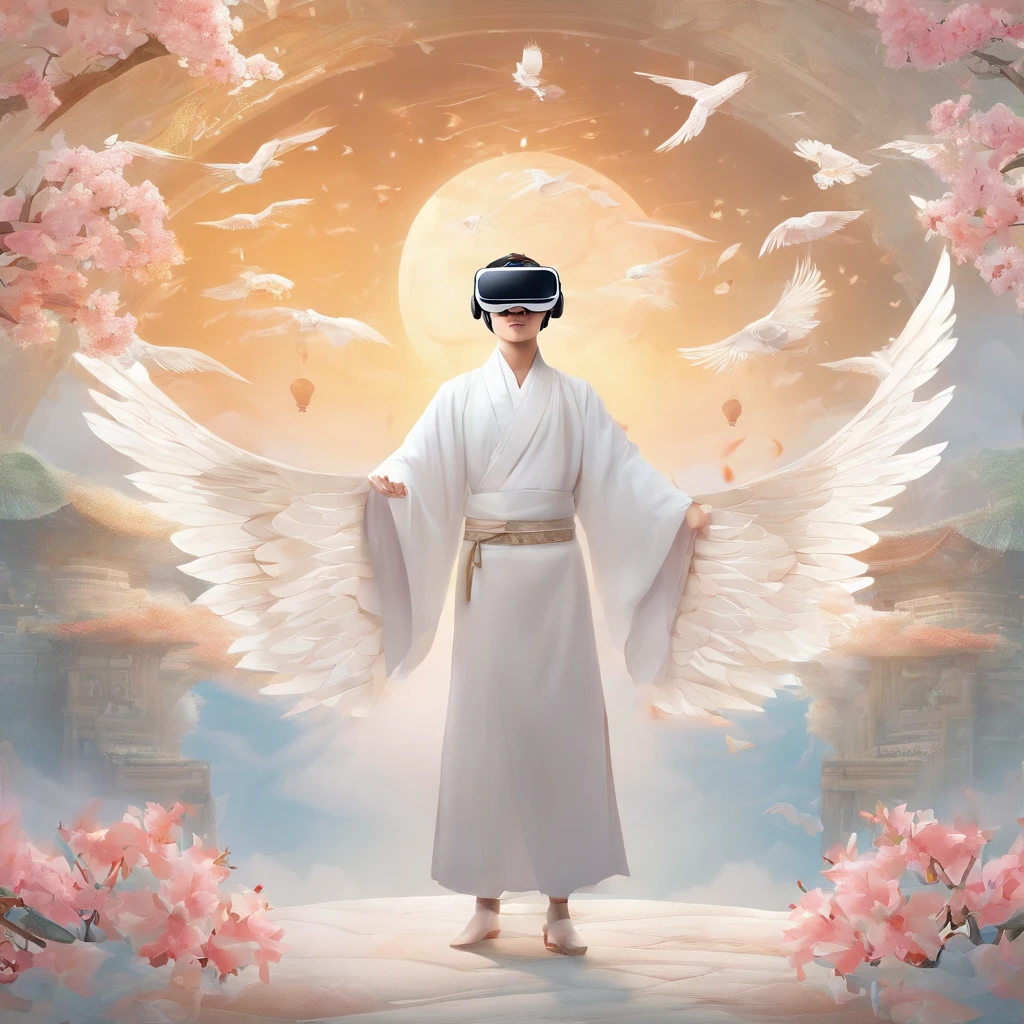 (White background:1.4),(Boy wearing VR glasses，Control the drone to fly，Draw cartoon images through AR，Record beautiful moments with your camera。Oriental elements)，(Chinese illustration:1.3，paper art:1.3, Quilted paper art:1.2),( reasonable design, Clear lines, High sharpness,Best quality, Very detailed, Masterpiece, movie light effect, 4K )