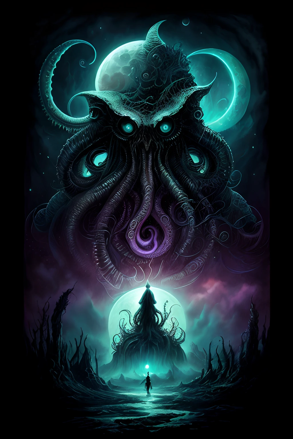 a painting of a giant octopus with a woman standing in front of it, Dan Mumford Tom Bagshaw, subtle lovecraftian vibes, No estilo Dan Mumford obra de arte, lovecraftian inspiration, lovecraftian cosmic fear, Inspirado em Lovecraft, Beksinski e Dan Mumford, inspirado em Dan Mumford, Directed by: Dan Mumford, Dan Mumford e Peter Mohrbacher