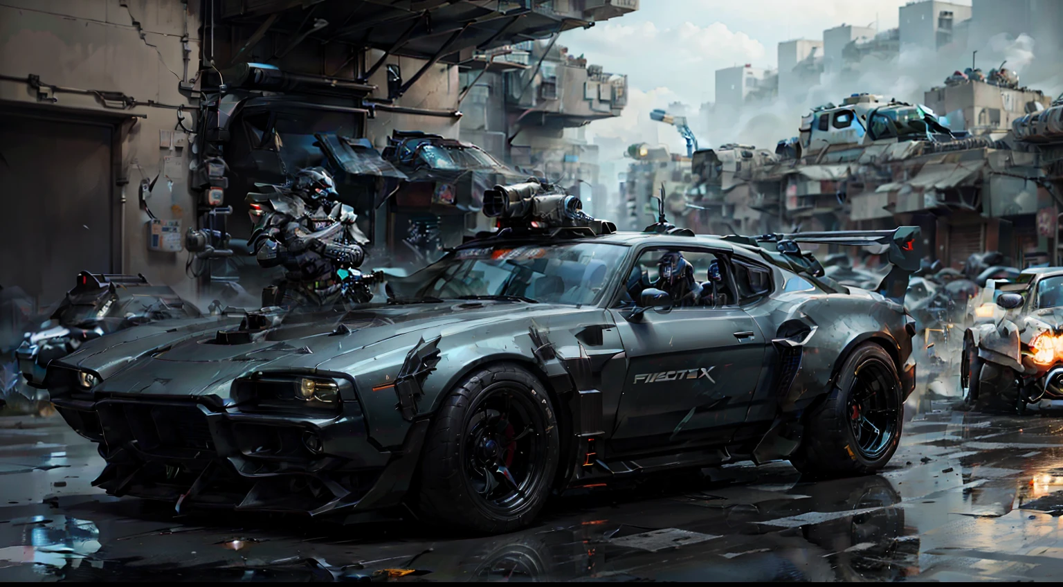 Futuristic cyberpunk war car with guns, rocket launcher, metal skulls, wings, fire in night moonlight scenery
