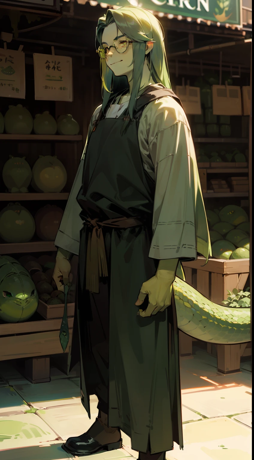 1man,solo,40s,happy face,(((green skin))),market outfit, green hair,long hair,yellow eyes,glasses,1lizard tail,(((standing in front of a market)))