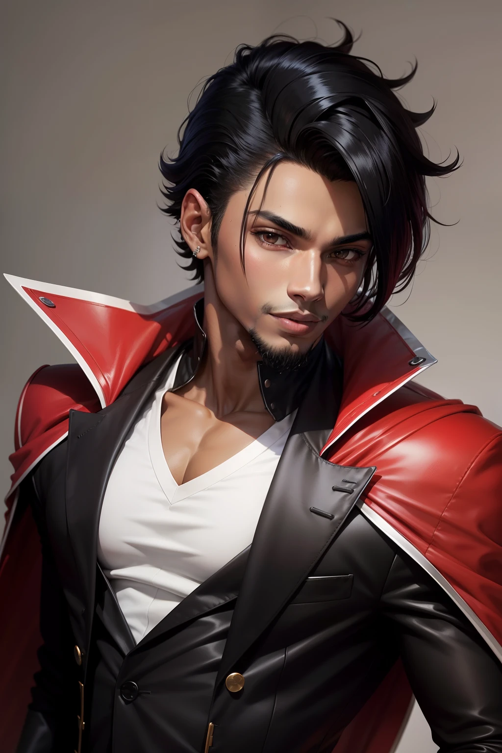jovem negro, drip, terno vermelho, stylish hair, cabelos pretos, Sorriso, show, lindo, bleach pose, anime style, man, negro, black hair, red suit
