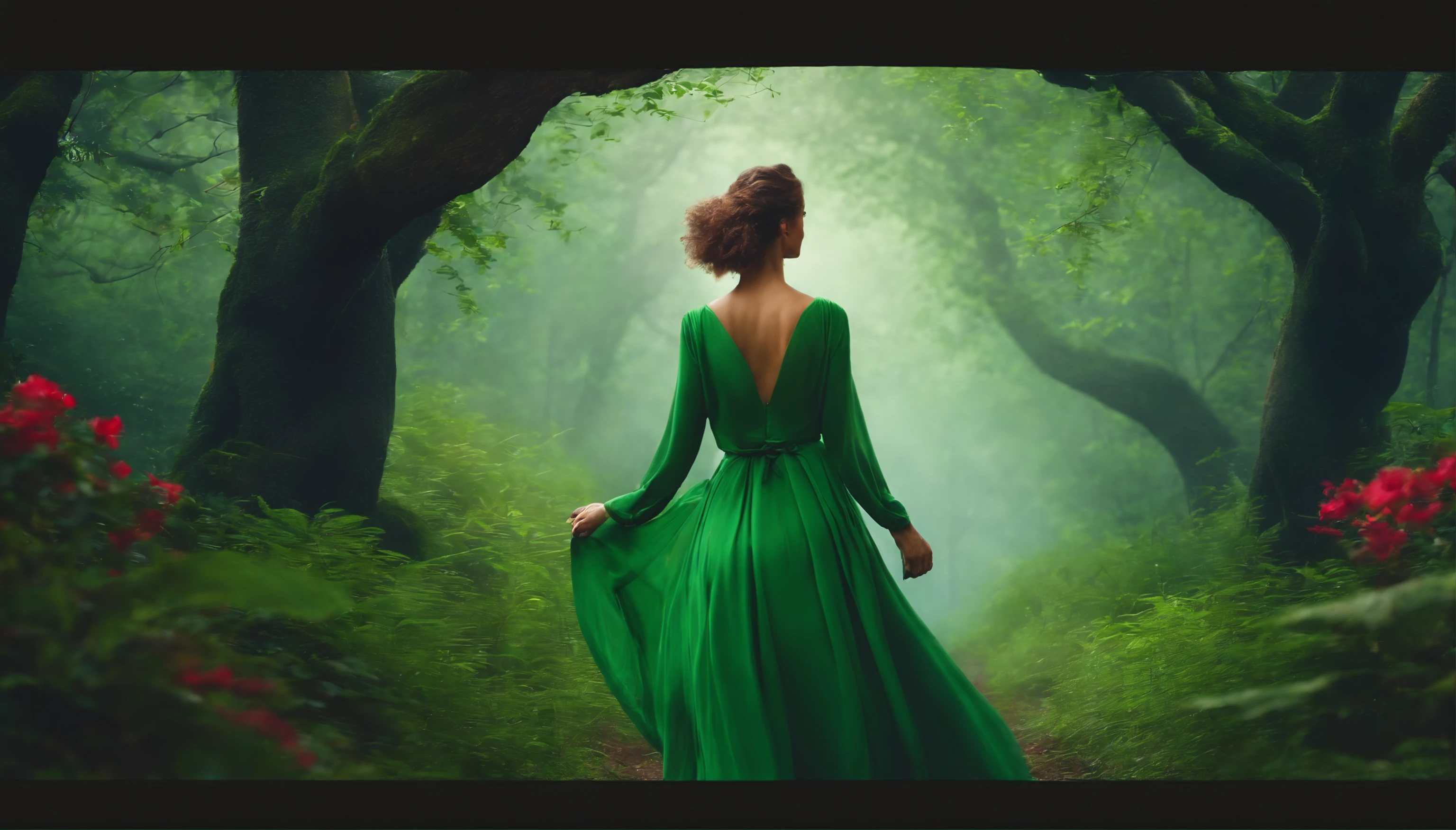 beautiful woman walking through lush green forest