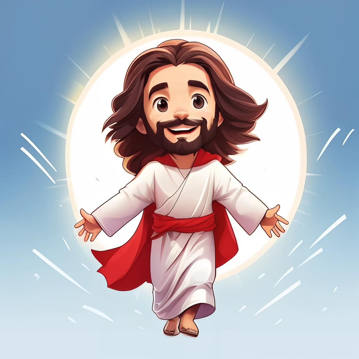 A cartoon Jesus flying through the sky with his arms outstretched, Jesus Cristo, Jesus Cristo Indo Super Saiyajin, Vestido como Jesus Cristo, Jesus Gigachade, Jesus walking on water, jesus of nazareth, he is greeting you warmly, rosto de Jesus, Awesome, Jesus, Jesus Ninja, he is happy, jesus wasted at a party, bible illustration