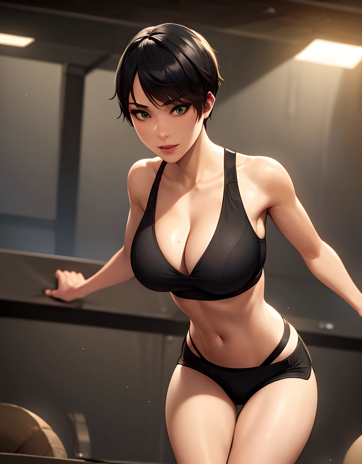 1girl, sexy pose, beautiful ctwmn, black sportsbra and shorts, sexy workout clothes, BLACKED bra and panties, BLACKED, "BLACKED" calvin klein, green eyes, short hair, smile, athletic, large breasts, gym, at night, volumetric lighting, best quality, masterpiece, intricate details, tonemapping, sharp focus, hyper detailed, trending on Artstation, realistic,